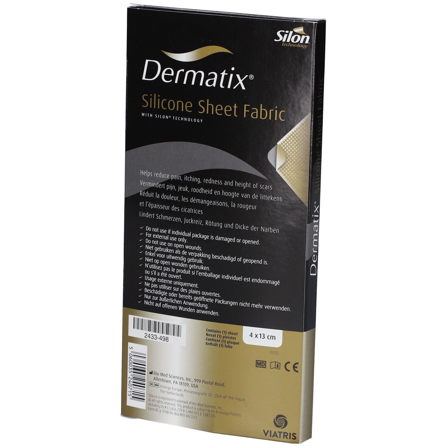 Dos de l'emballage Dermatix Silicone Sheet Fabric. Texte multilingue. Dimensions : 4 x 13 cm. Marquage CE.