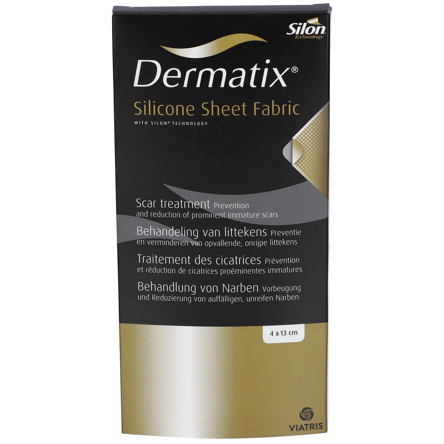 Vue de face de l'emballage Dermatix Silicone Sheet Fabric. Boîte noire avec nom du produit et texte multilingue. Dimensions : 4 x 13 cm.