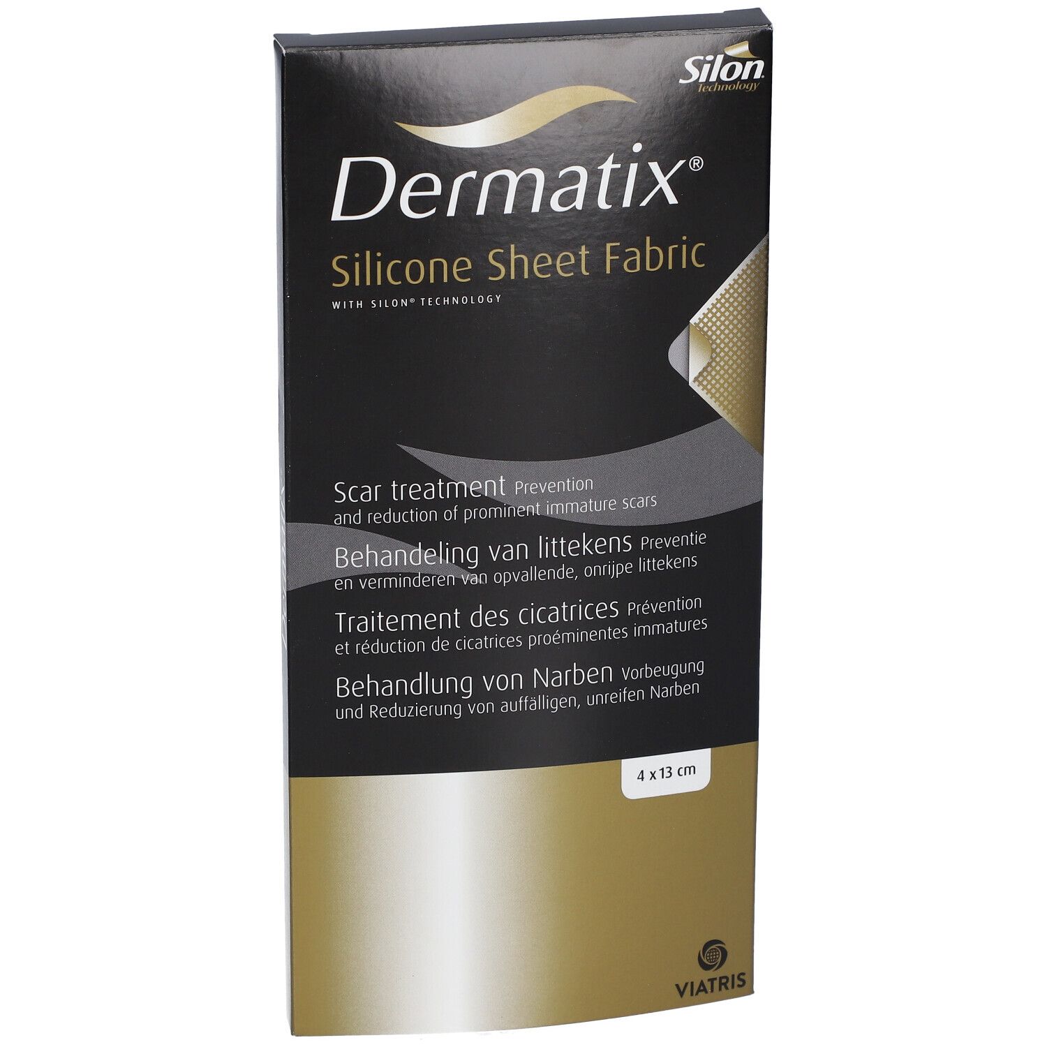 Vue de face de l'emballage Dermatix Silicone Sheet Fabric. Boîte noire avec nom du produit et texte multilingue. Dimensions : 4 x 13 cm.