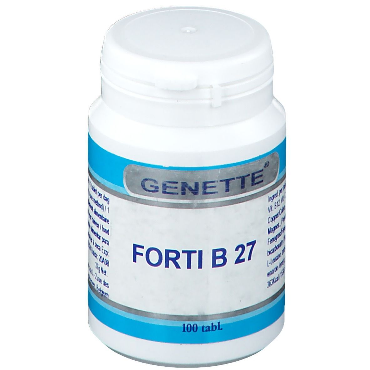 Flacon de comprimés blanc avec étiquette bleue. Inscription: GENETTE, FORTI B 27, 100 tabl.
