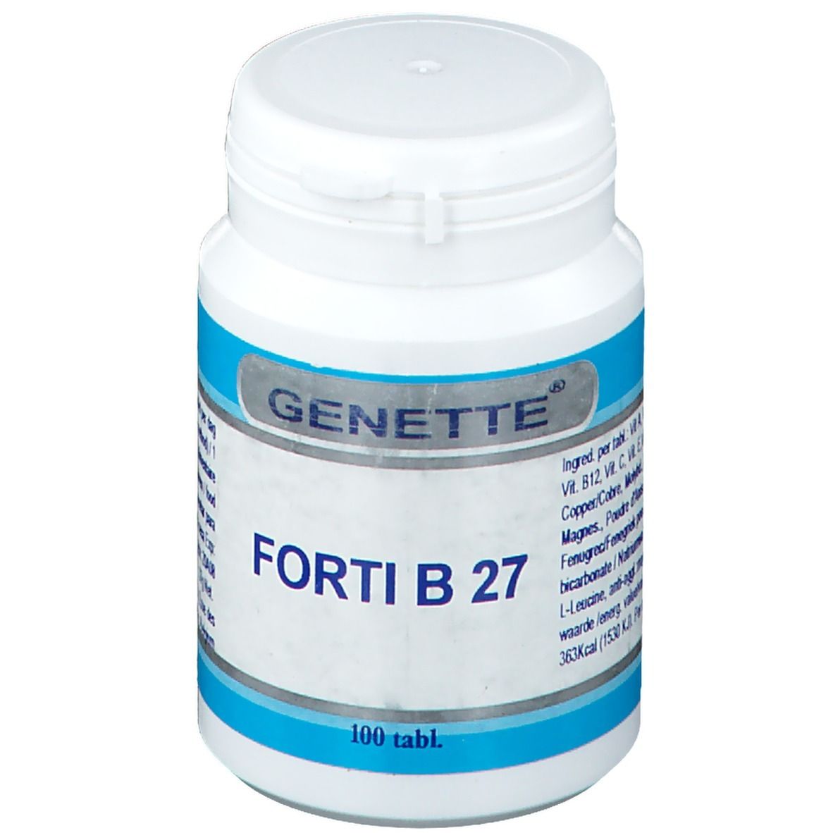 Flacon de comprimés blanc avec étiquette bleue. Inscription: GENETTE, FORTI B 27, 100 tabl. Liste des ingrédients.