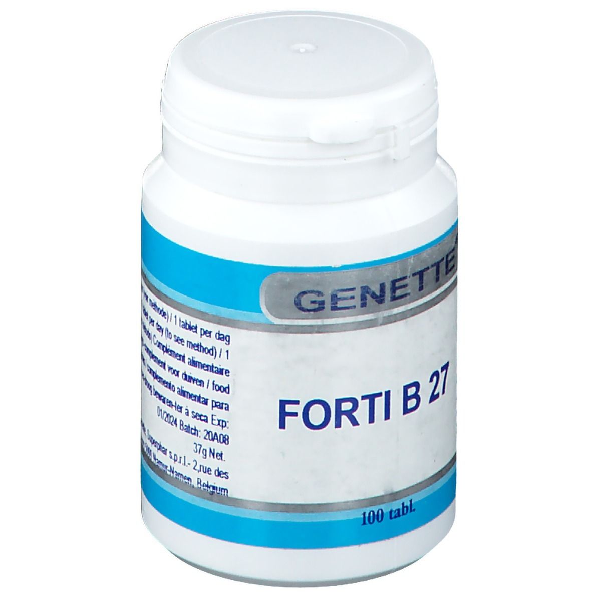 Flacon de comprimés blanc avec étiquette bleue. Inscription: GENETTE, FORTI B 27, 100 tabl. 37g Net.