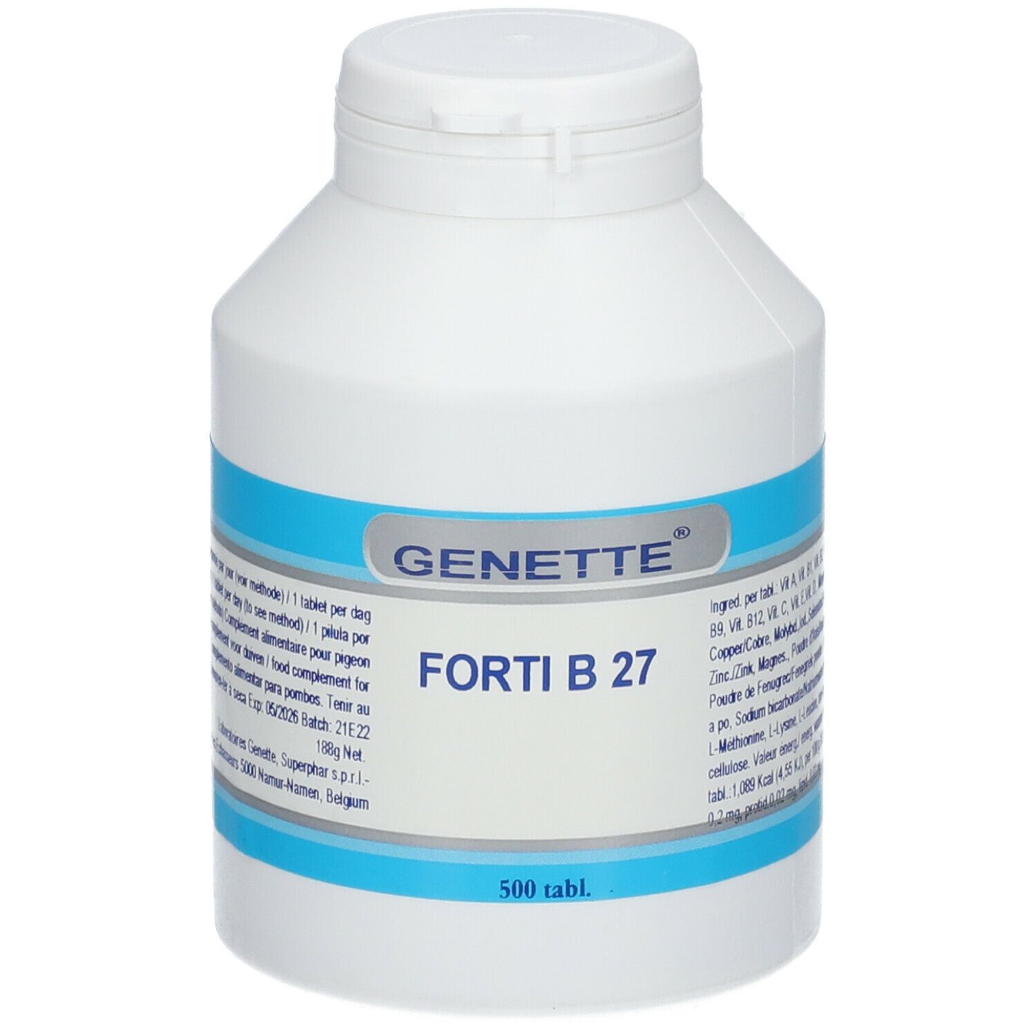 Flacon blanc avec étiquette bleue. Inscriptions: GENETTE, FORTI B 27, 500 tabl. Contient vitamines et minéraux.