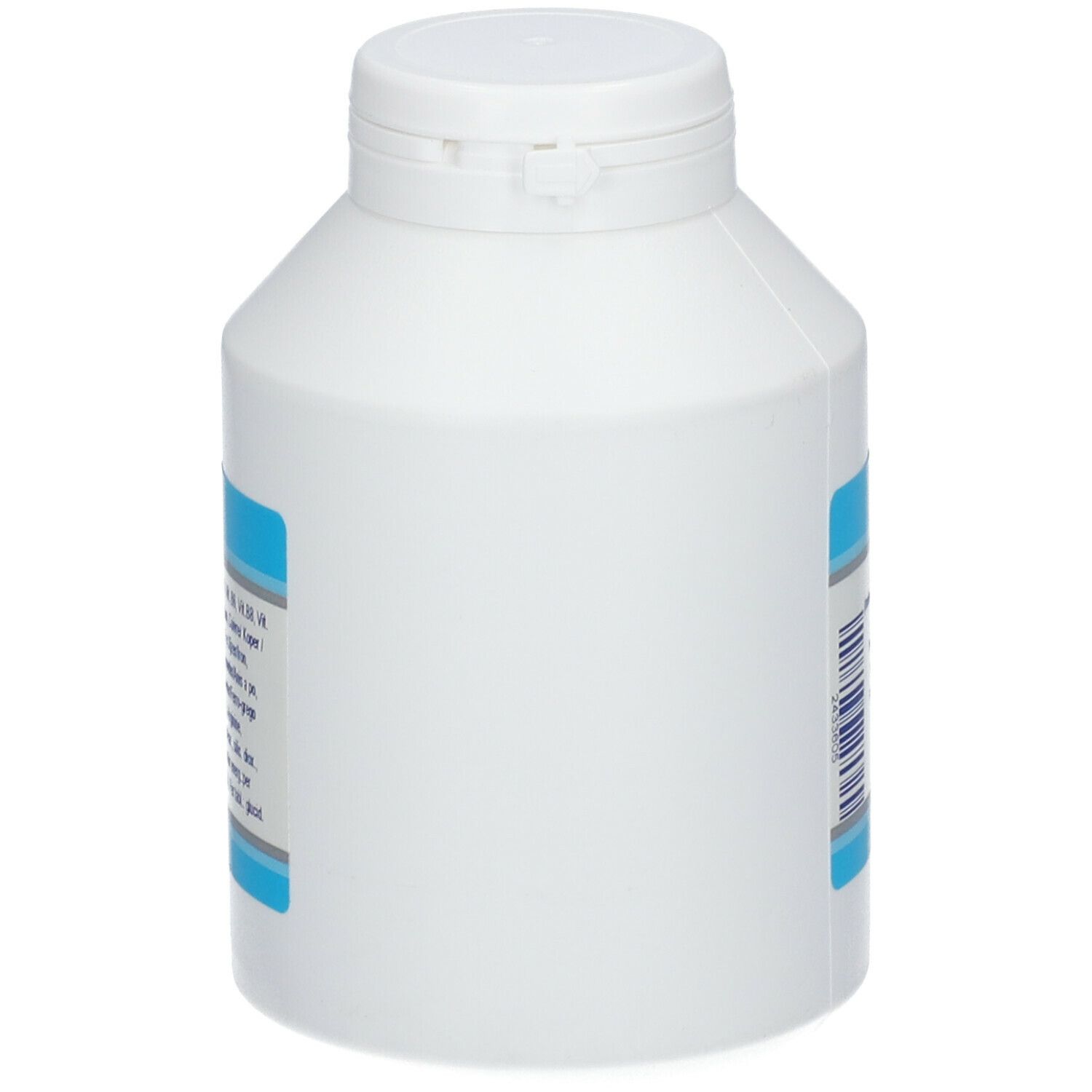 Flacon blanc avec étiquette bleue. Vue latérale. Inscriptions: GENETTE, FORTI B 27. Contient vitamines et minéraux.