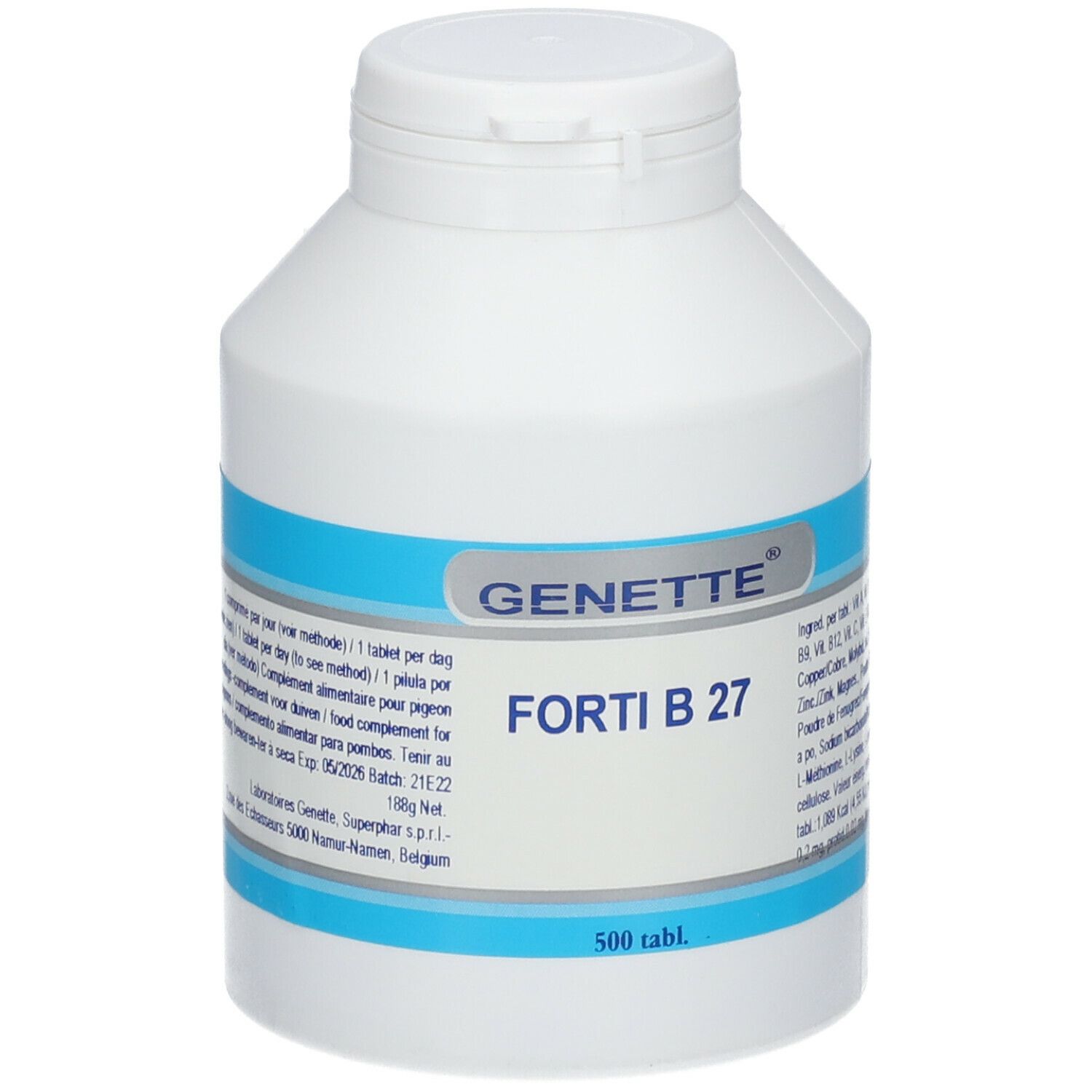 Flacon blanc avec étiquette bleue. Inscriptions: GENETTE, FORTI B 27, 500 tabl. Contient vitamines et minéraux.