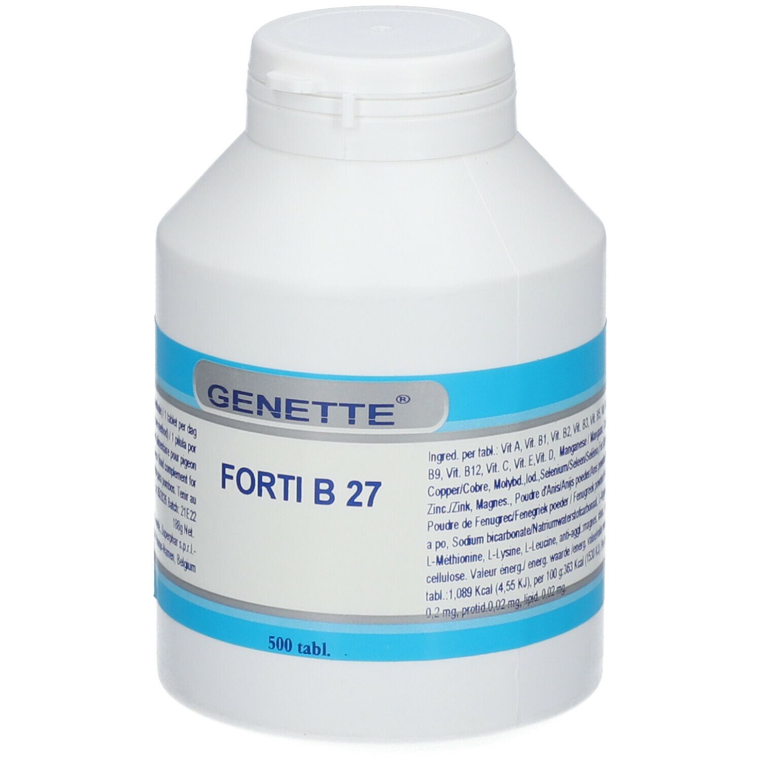 Flacon blanc avec étiquette bleue. Inscriptions: GENETTE, FORTI B 27, 500 tabl. Contient vitamines et minéraux. Ingrédients.