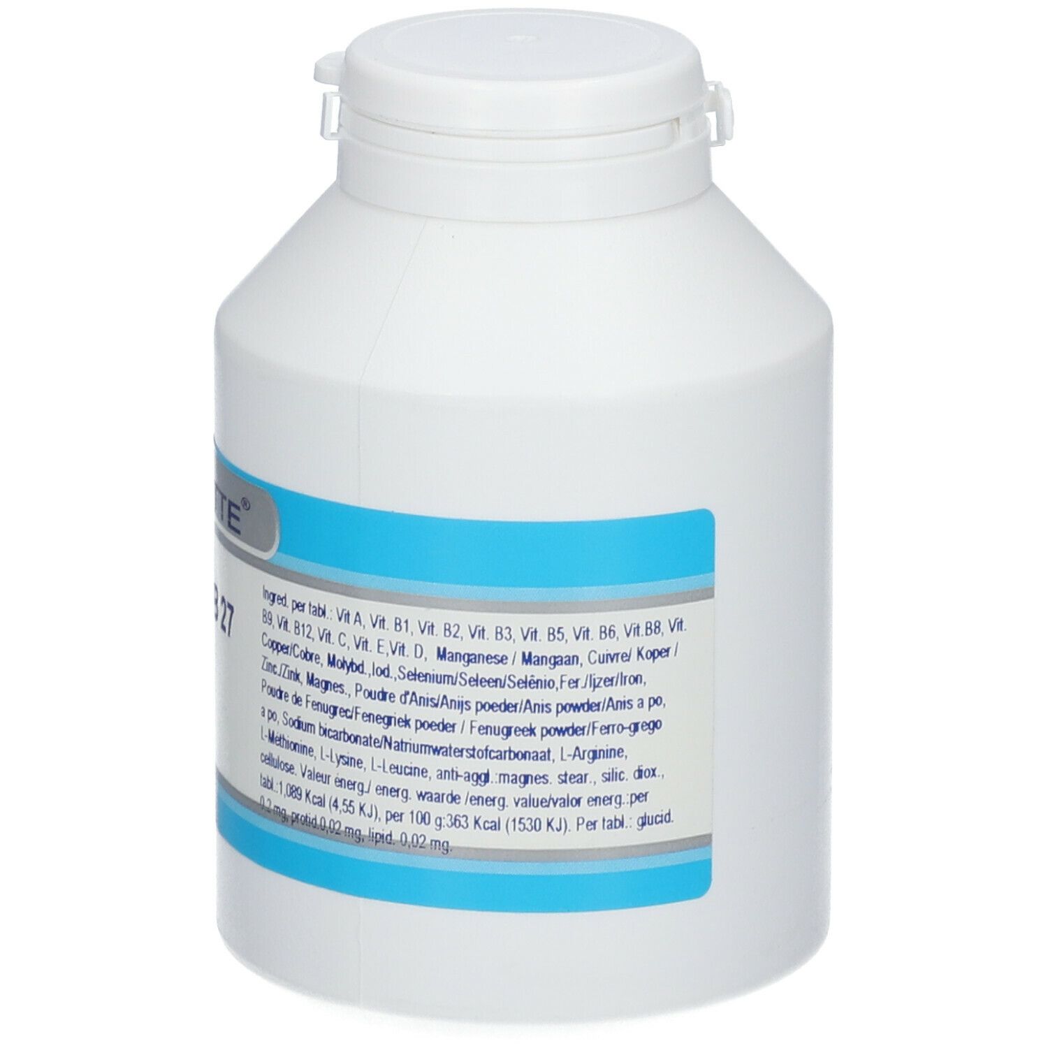 Flacon blanc avec étiquette bleue. Inscriptions: GENETTE, FORTI B 27. Contient vitamines et minéraux. Ingrédients.