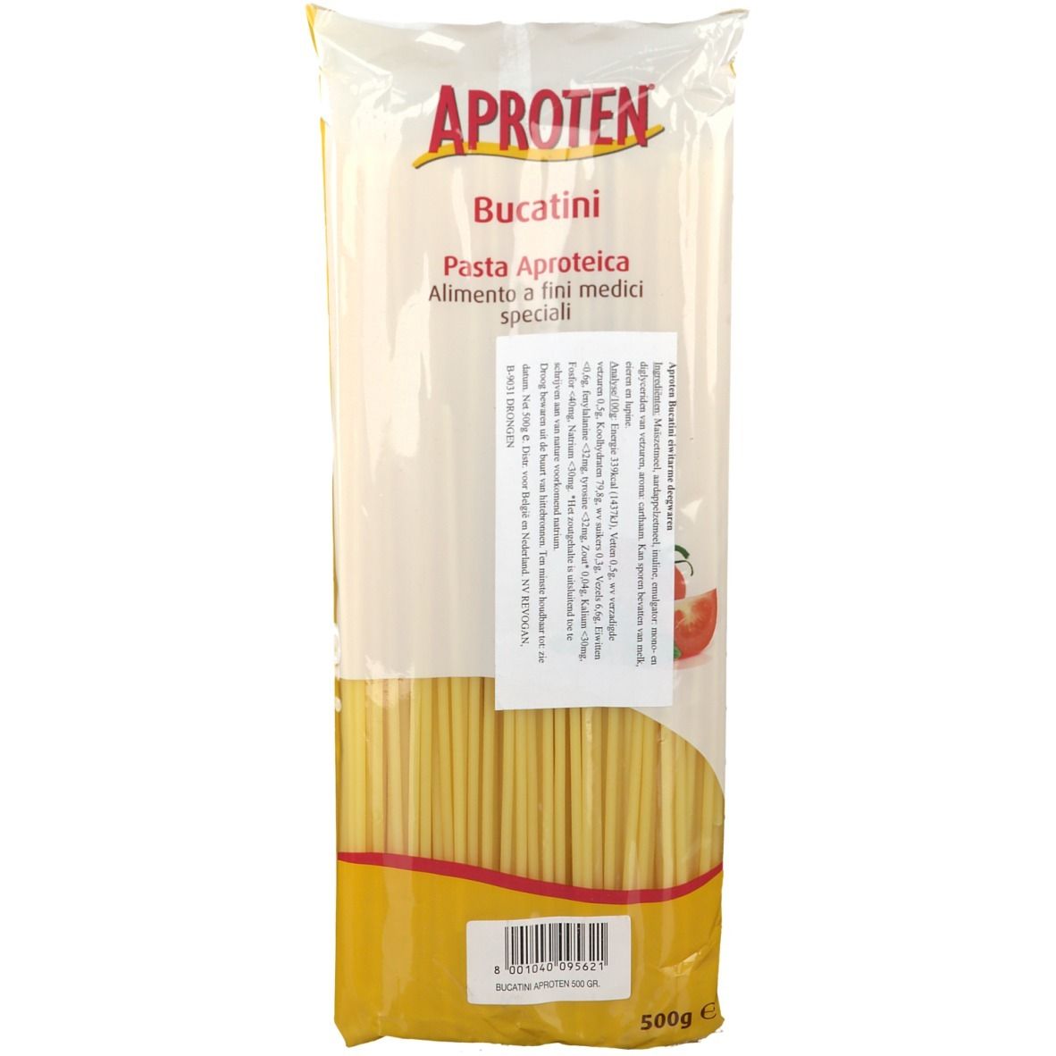 APROTEN Bucatini. Emballage plastique transparent. Pâtes jaunes. Texte: Pasta Aproteica, Alimento a fini medici speciali.