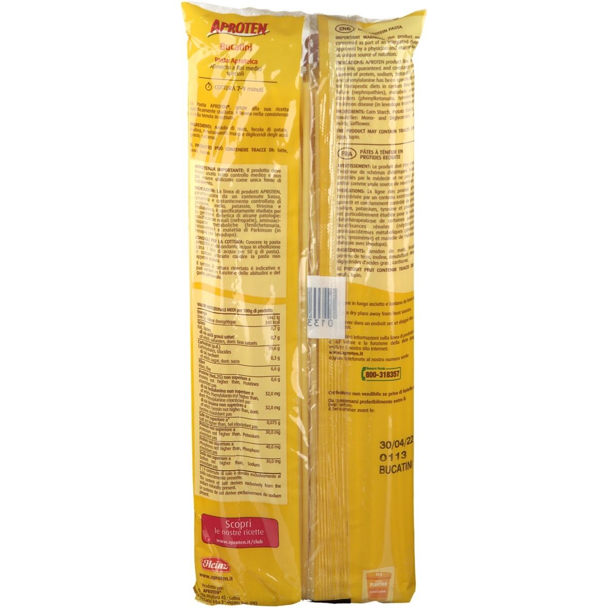 Dos de l'emballage APROTEN Bucatini. Fond jaune. Texte et informations nutritionnelles. Date de péremption.