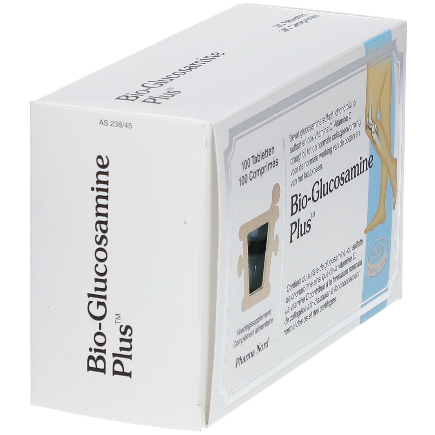 Boîte blanche "Bio-Glucosamine Plus". Texte et illustration d'une jambe. Vue d'angle.