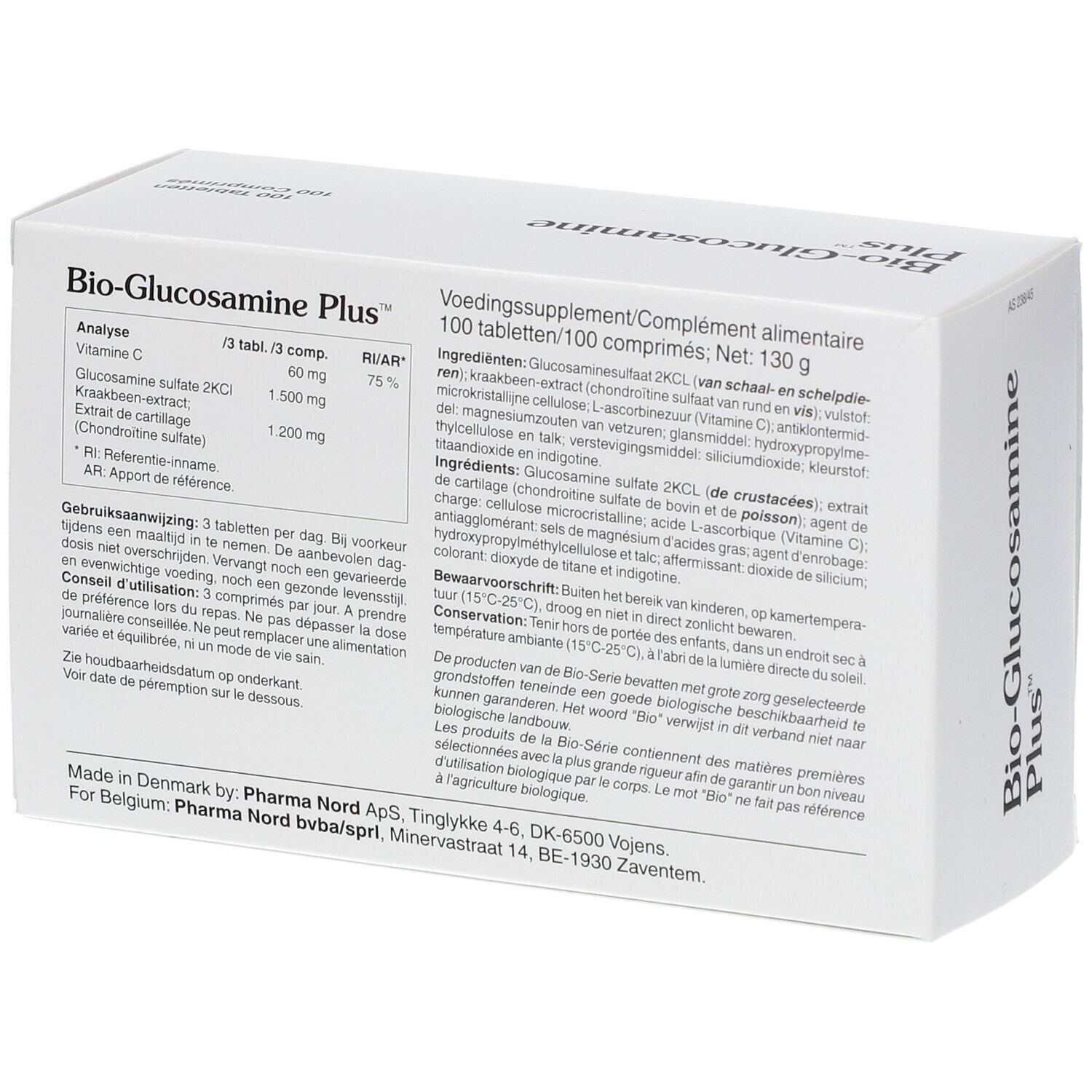 Boîte blanche "Bio-Glucosamine Plus". Dos avec texte et informations. Logo Pharma Nord.