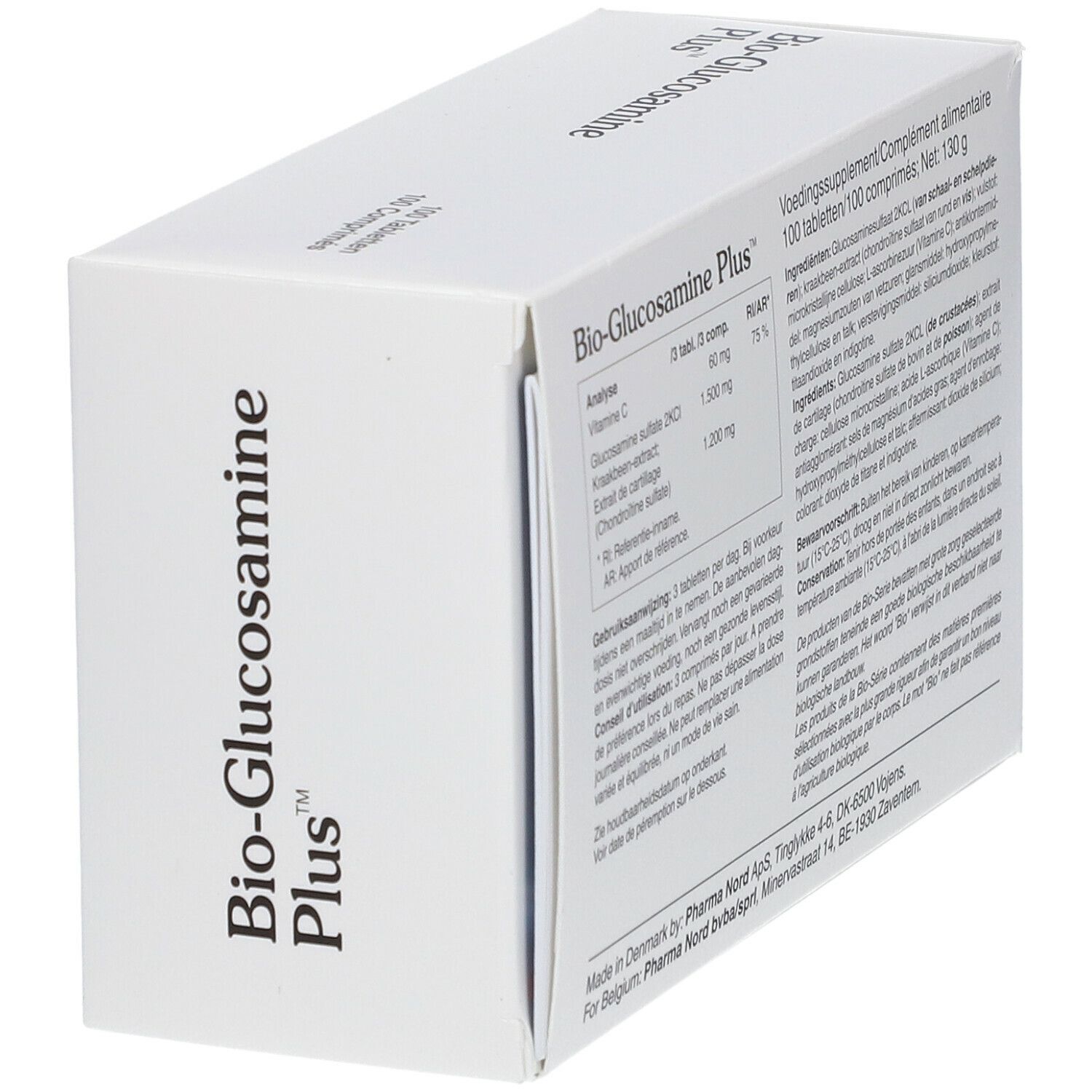 Boîte blanche "Bio-Glucosamine Plus". Dos avec texte et informations. Vue d'angle.
