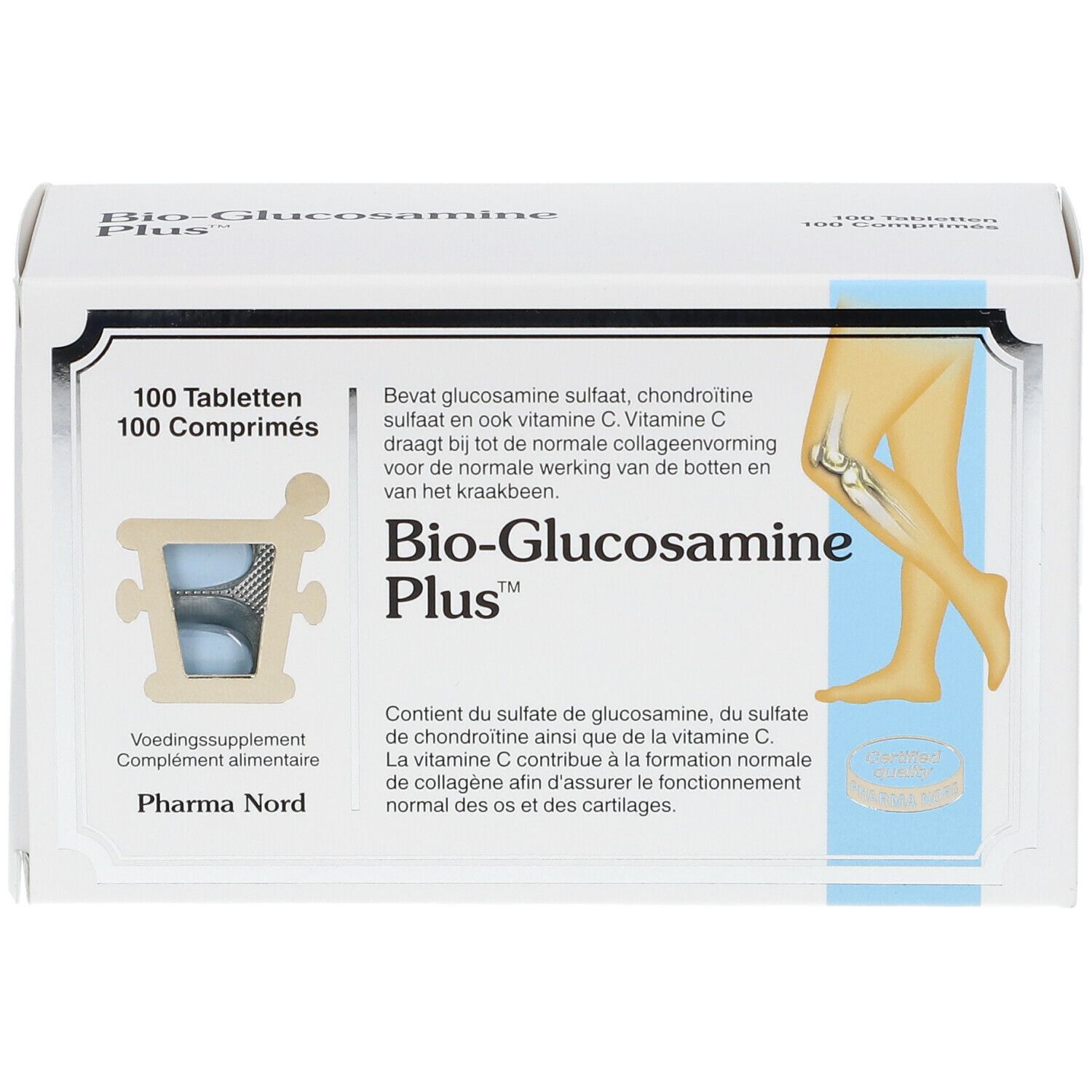 Boîte blanche "Bio-Glucosamine Plus" avec 100 comprimés. Texte et illustration de jambe. Fenêtre.