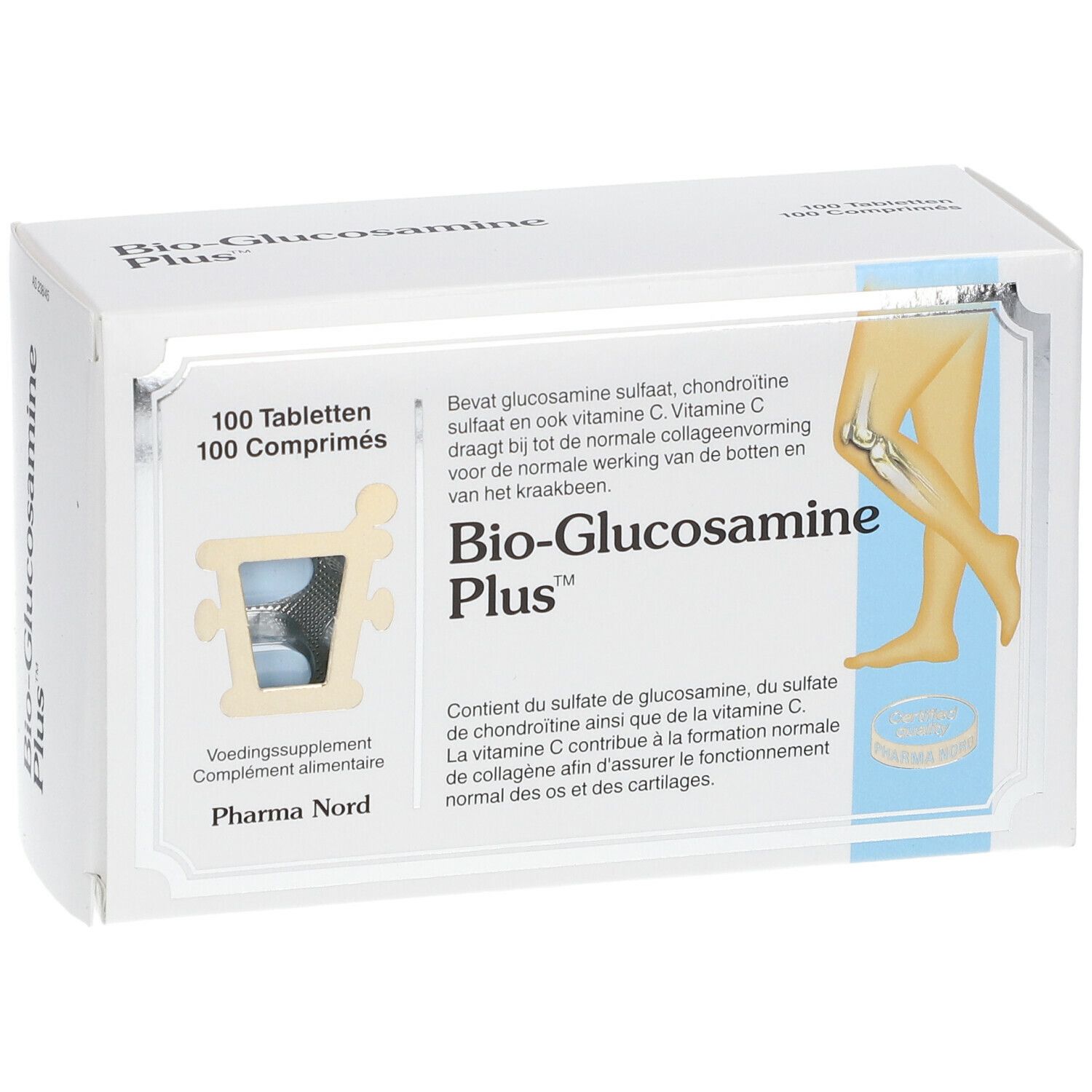 Boîte blanche "Bio-Glucosamine Plus" avec 100 comprimés. Texte et illustration de jambe. Fenêtre.