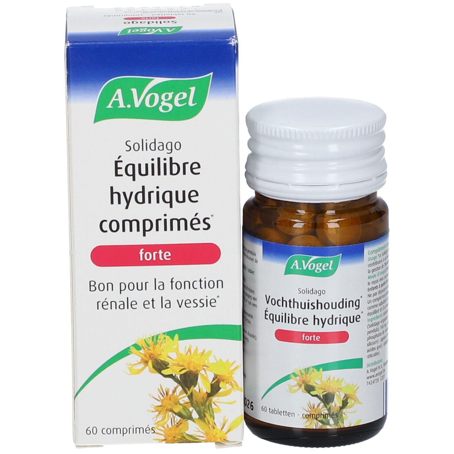 A.Vogel Solidago Forte comprimés et emballage. Inscription: Équilibre hydrique comprimés, Bon pour la fonction rénale.