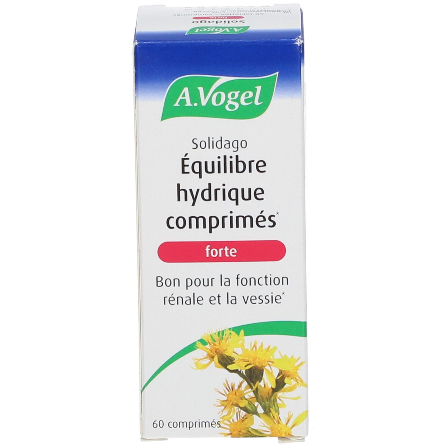 Emballage des comprimés A.Vogel Solidago Forte. Inscription: Équilibre hydrique comprimés, Bon pour la fonction rénale.