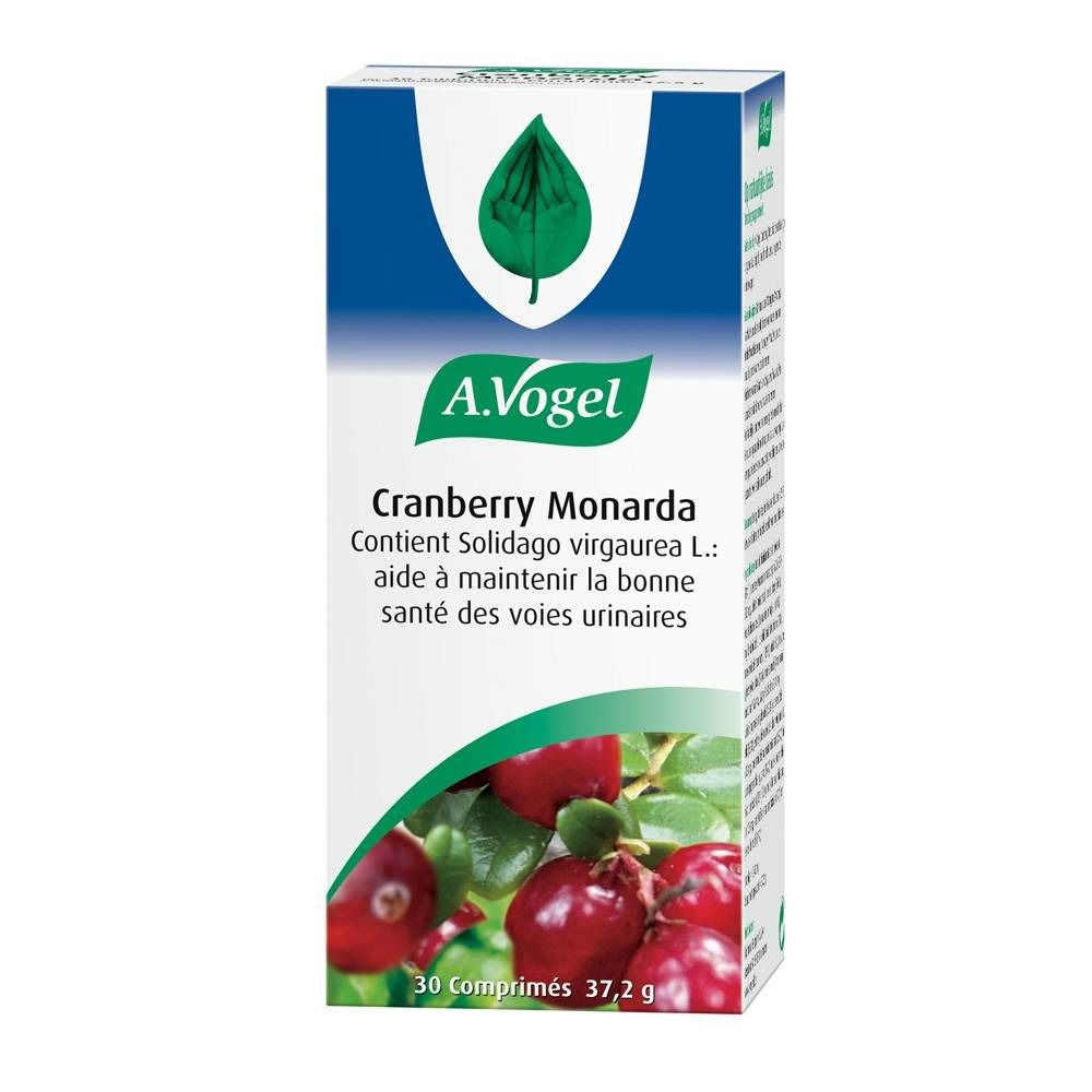 Boîte en carton avec image et texte du produit. A.Vogel Cranberry Monarda, 30 comprimés. Contient Solidago virgaurea L. pour les voies urinaires.