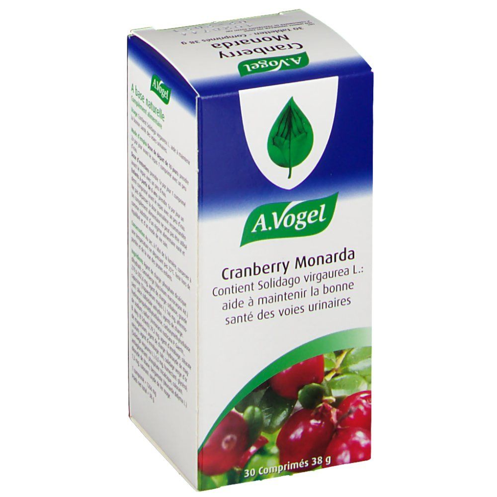 Boîte en carton en biais. A.Vogel Cranberry Monarda, 30 comprimés. Contient Solidago virgaurea L. pour les voies urinaires. Image et logo du produit.