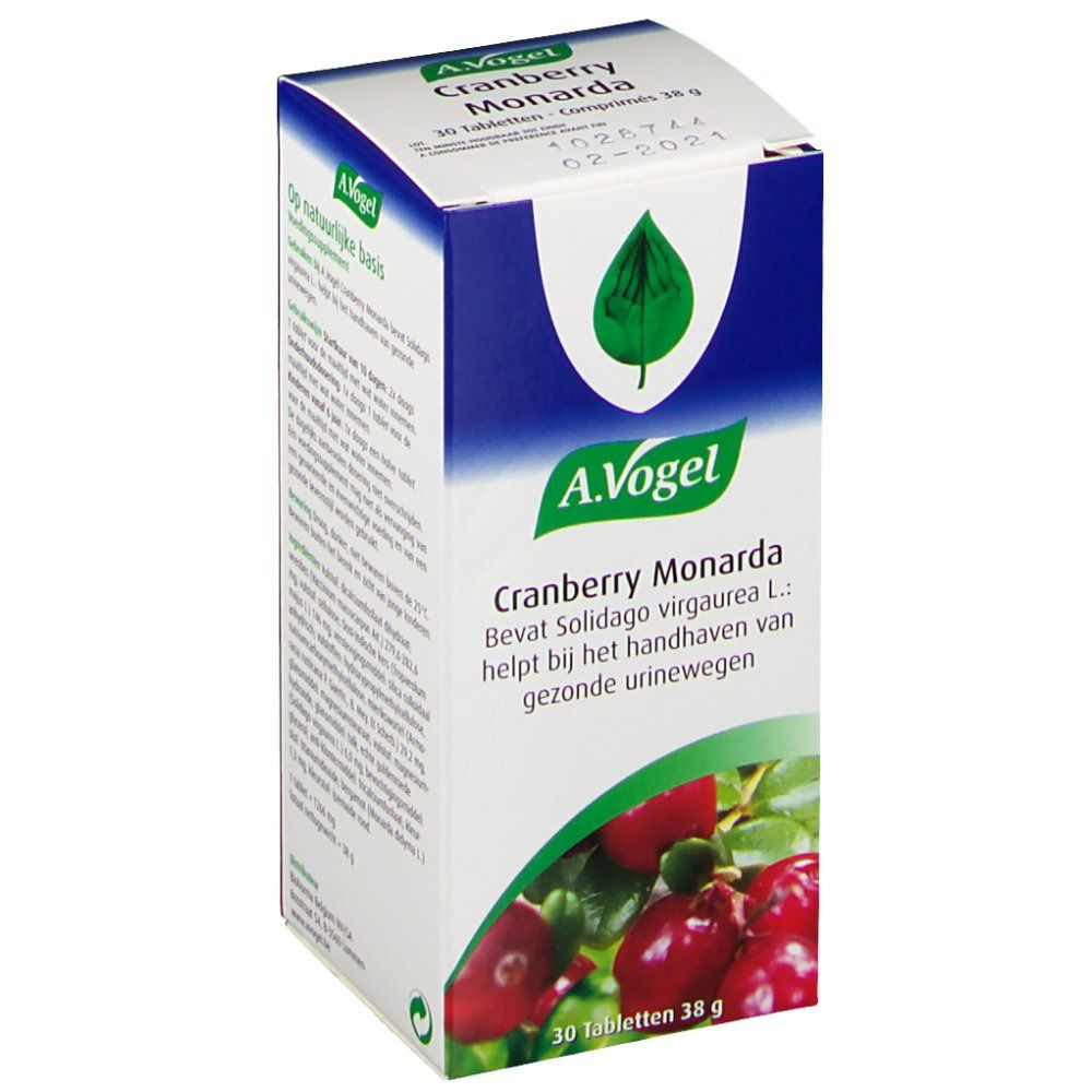 Boîte en carton en biais. A.Vogel Cranberry Monarda, 30 comprimés. Contient Solidago virgaurea L. pour les voies urinaires. Image et logo du produit.