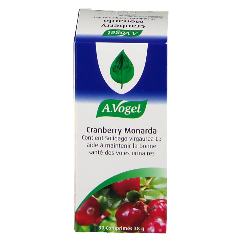 Boîte en carton avec image et texte du produit. A.Vogel Cranberry Monarda, 30 comprimés. Contient Solidago virgaurea L. pour les voies urinaires.