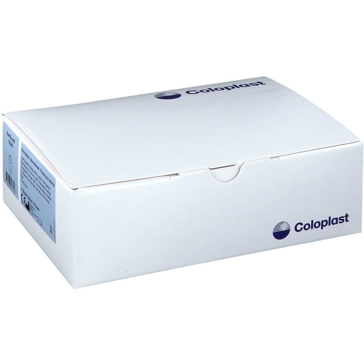 Boîte blanche avec logo Coloplast. Une étiquette avec du texte est présente sur le côté.