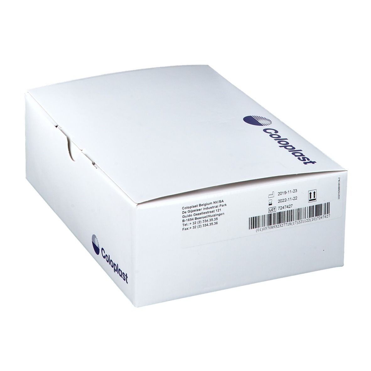 Boîte blanche avec logo Coloplast. Informations et code-barres sur le côté.