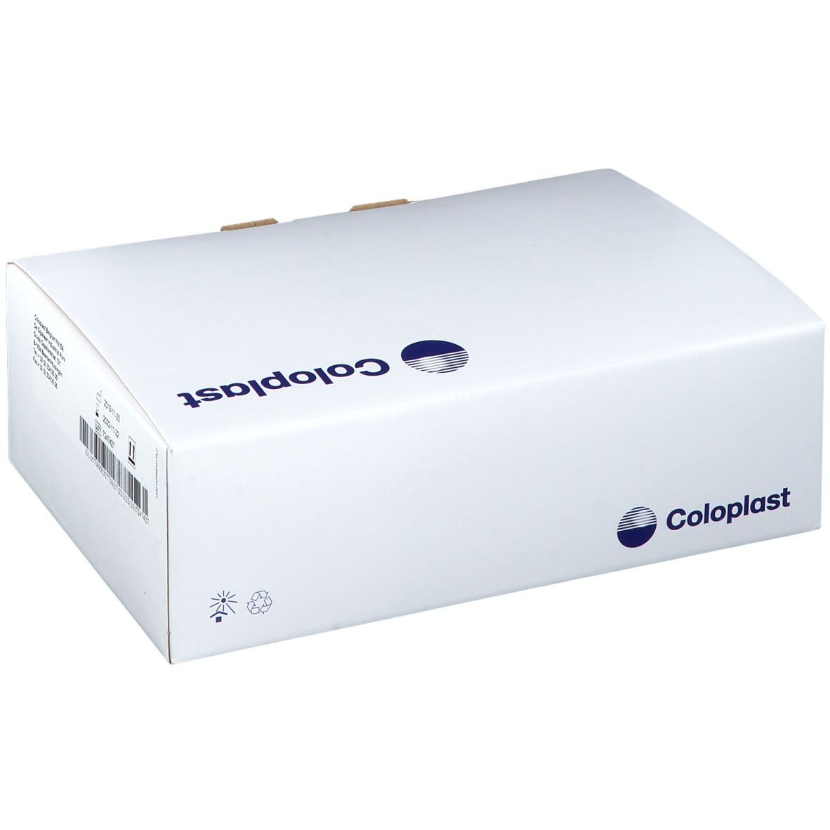 Boîte blanche avec logo Coloplast. Le nom de la marque est sur le dessus.