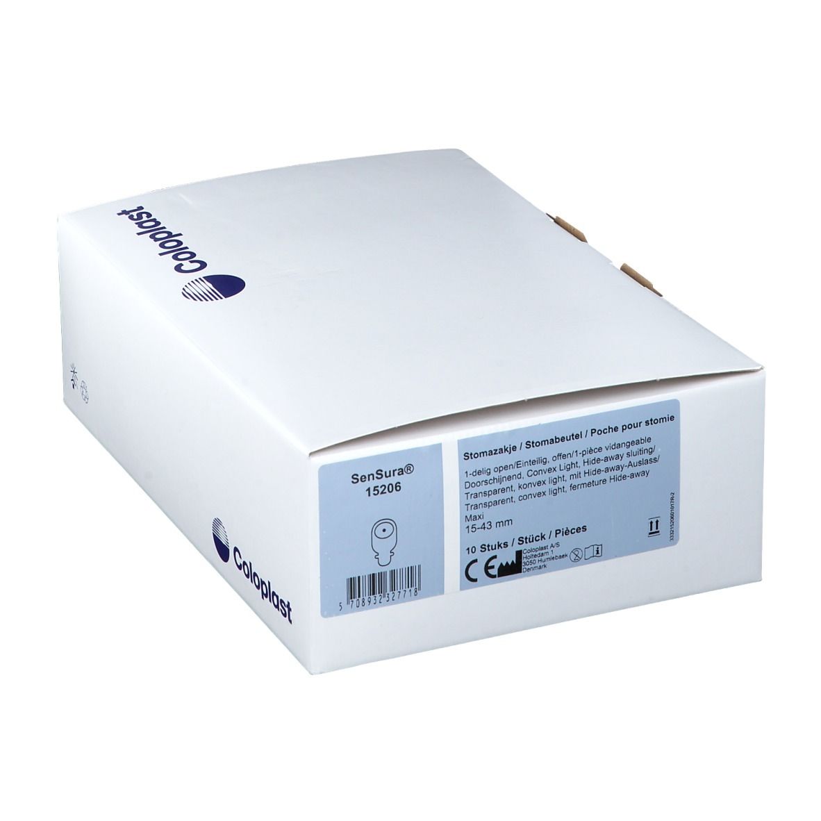 Boîte blanche avec logo Coloplast et informations sur le produit. Nom du produit : SenSura.
