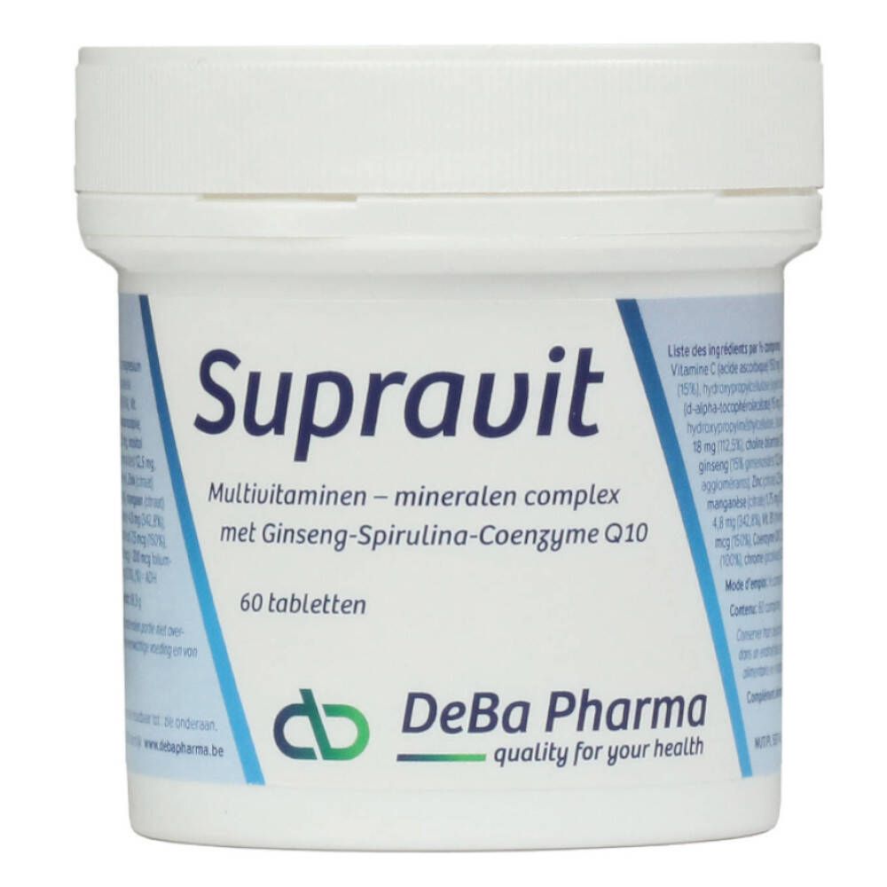Boîte blanche avec couvercle. Inscription 'Supravit', 'Multivitamines', '60 comprimés'. Logo 'DeBa Pharma'.