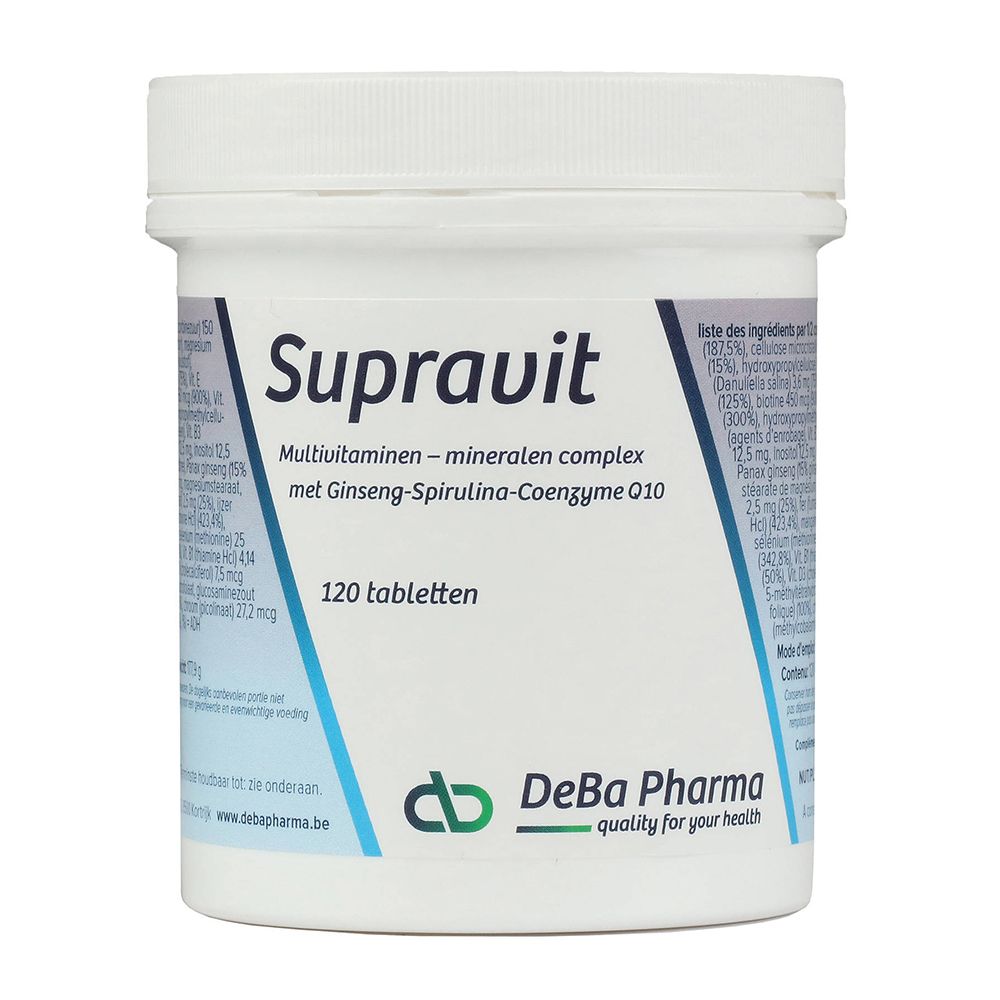 Witte pot "Supravit". Bevat 120 tabletten. DeBa Pharma logo.