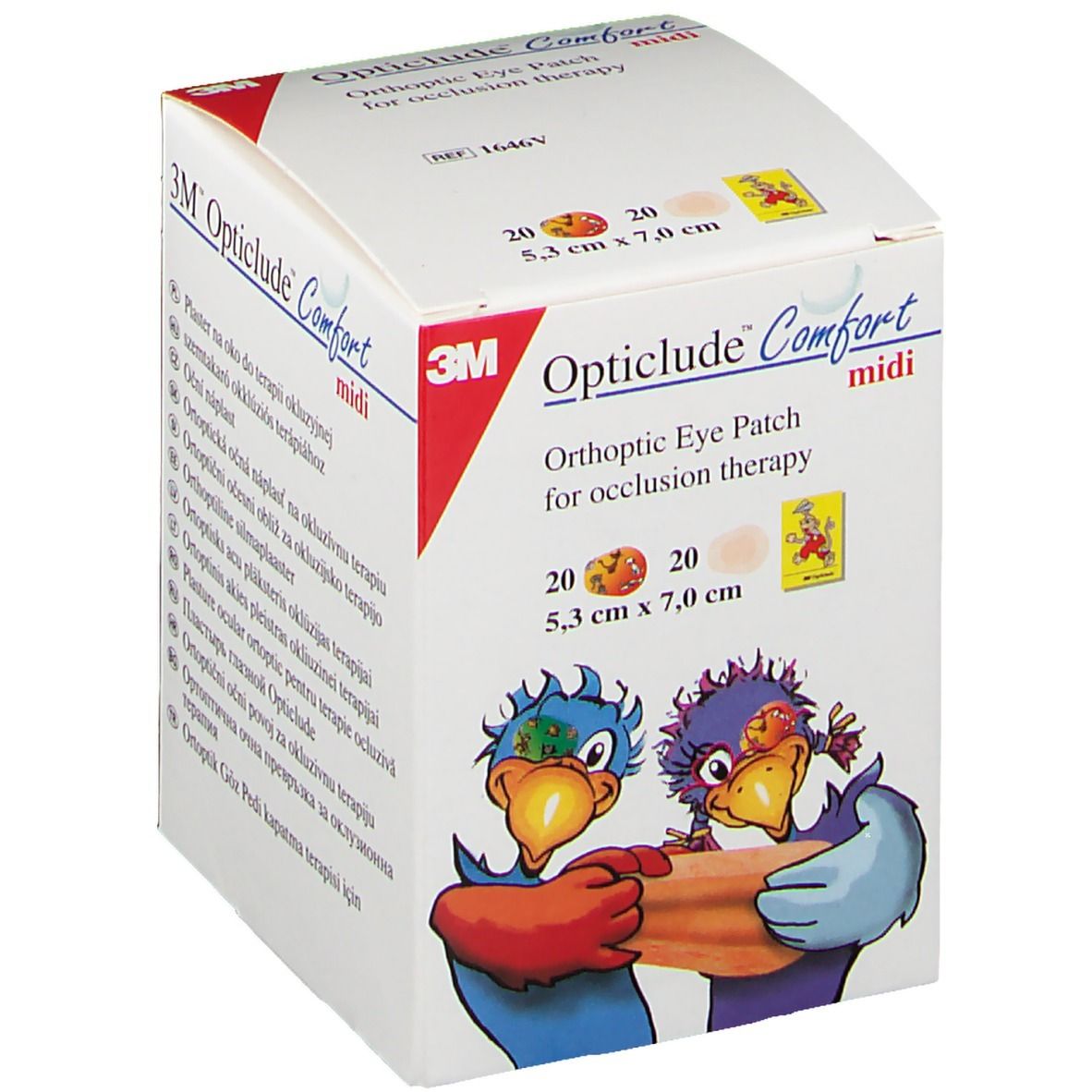 Verpackung von 3M Opticlude Comfort midi. Enthält 20 Pflaster, 5,3 cm x 7,0 cm. Mit Illustrationen und Produktbezeichnungen.