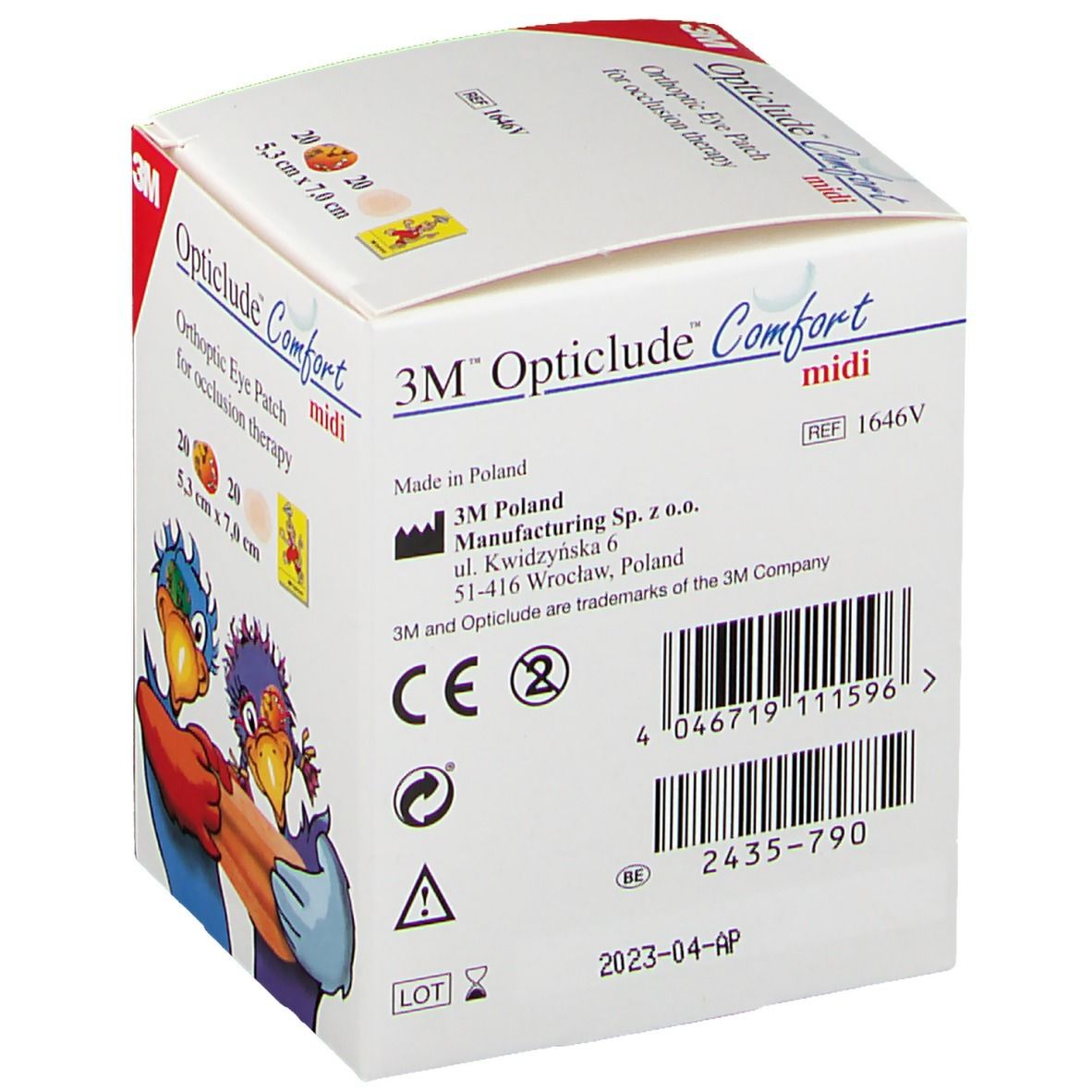 Verpackung von 3M Opticlude Comfort midi. Rückseite mit Herstellerinformationen, CE-Kennzeichnung und Barcode.