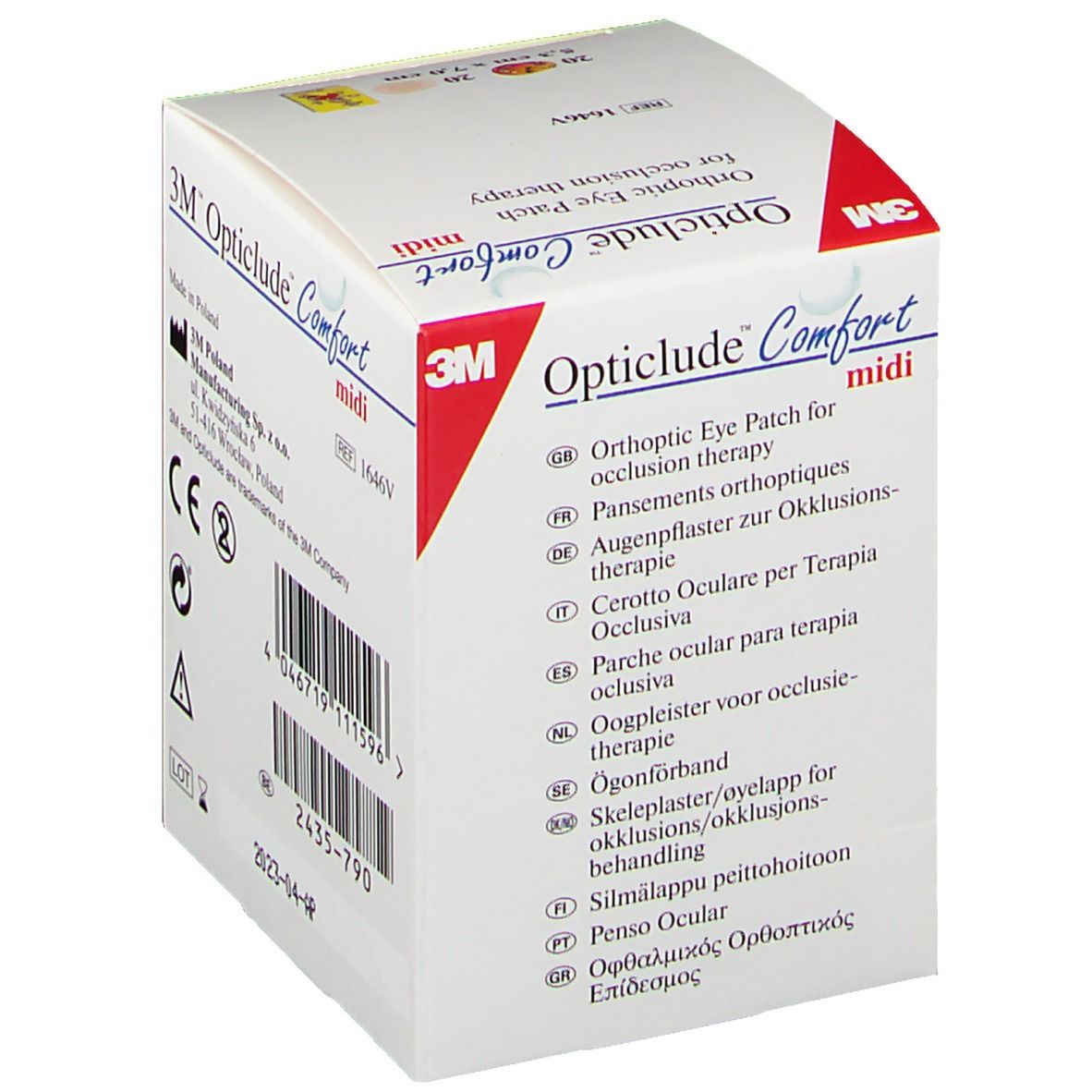 Verpackung von 3M Opticlude Comfort midi. Mehrsprachige Produktinformationen auf der Seite.