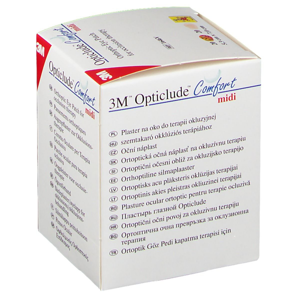 Verpackung von 3M Opticlude Comfort midi. Mehrsprachige Produktinformationen auf der Seite.