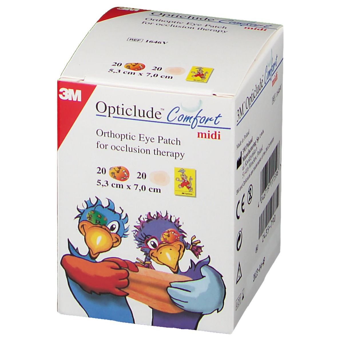 Verpackung von 3M Opticlude Comfort midi. Enthält 20 Pflaster, 5,3 cm x 7,0 cm. Mit Illustrationen und Produktbezeichnungen.