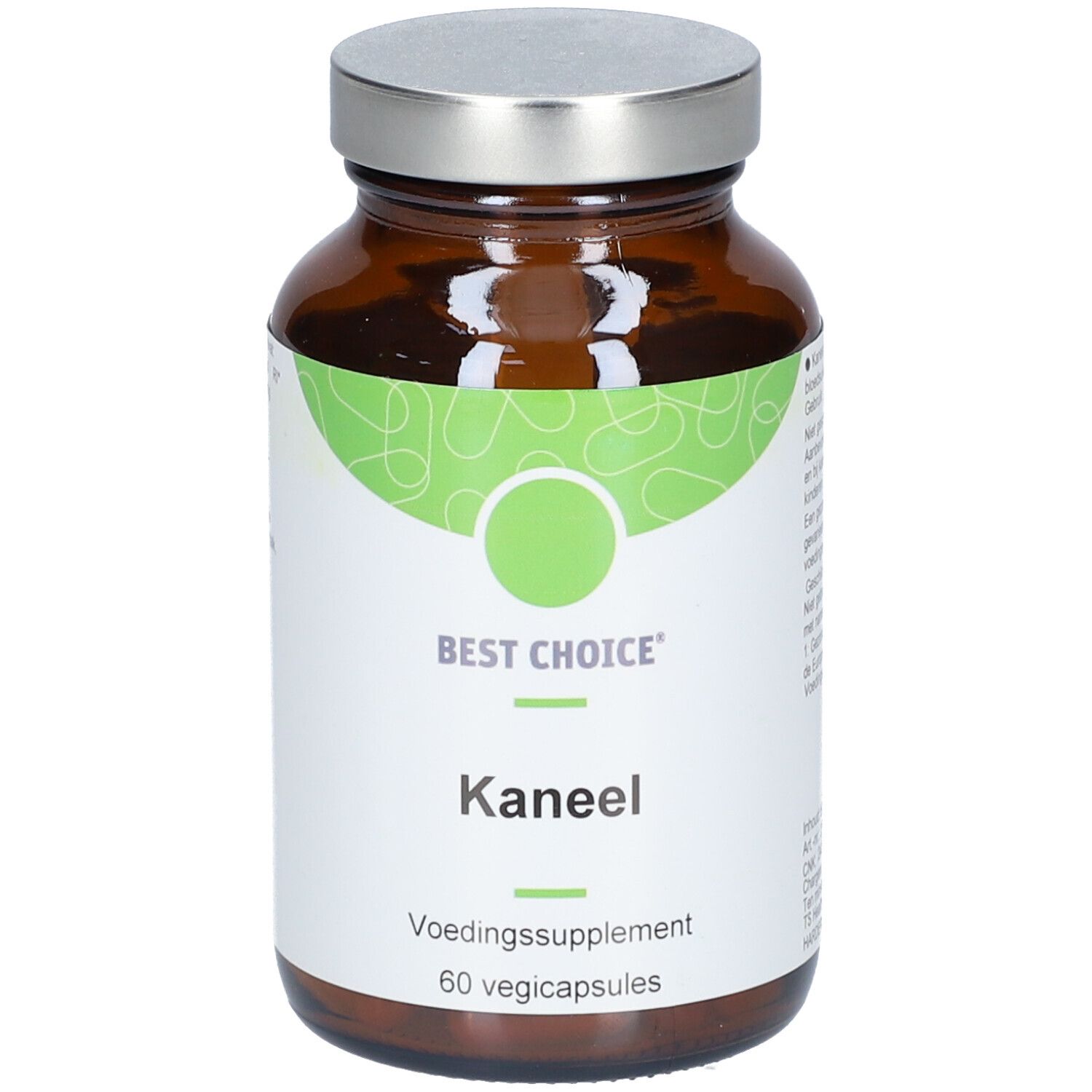 Bruine glazen fles met zilveren dop. Wit etiket met groen design en opschrift 'Best Choice Kaneel'.