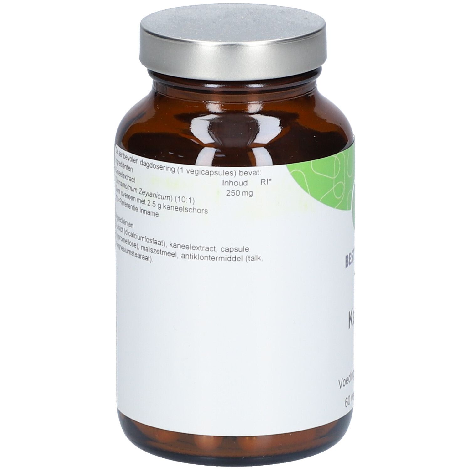 Bruine glazen fles met zilveren dop. Wit etiket met tekst en inhoudsinformatie. 'Kaneel' en '250 mg'.
