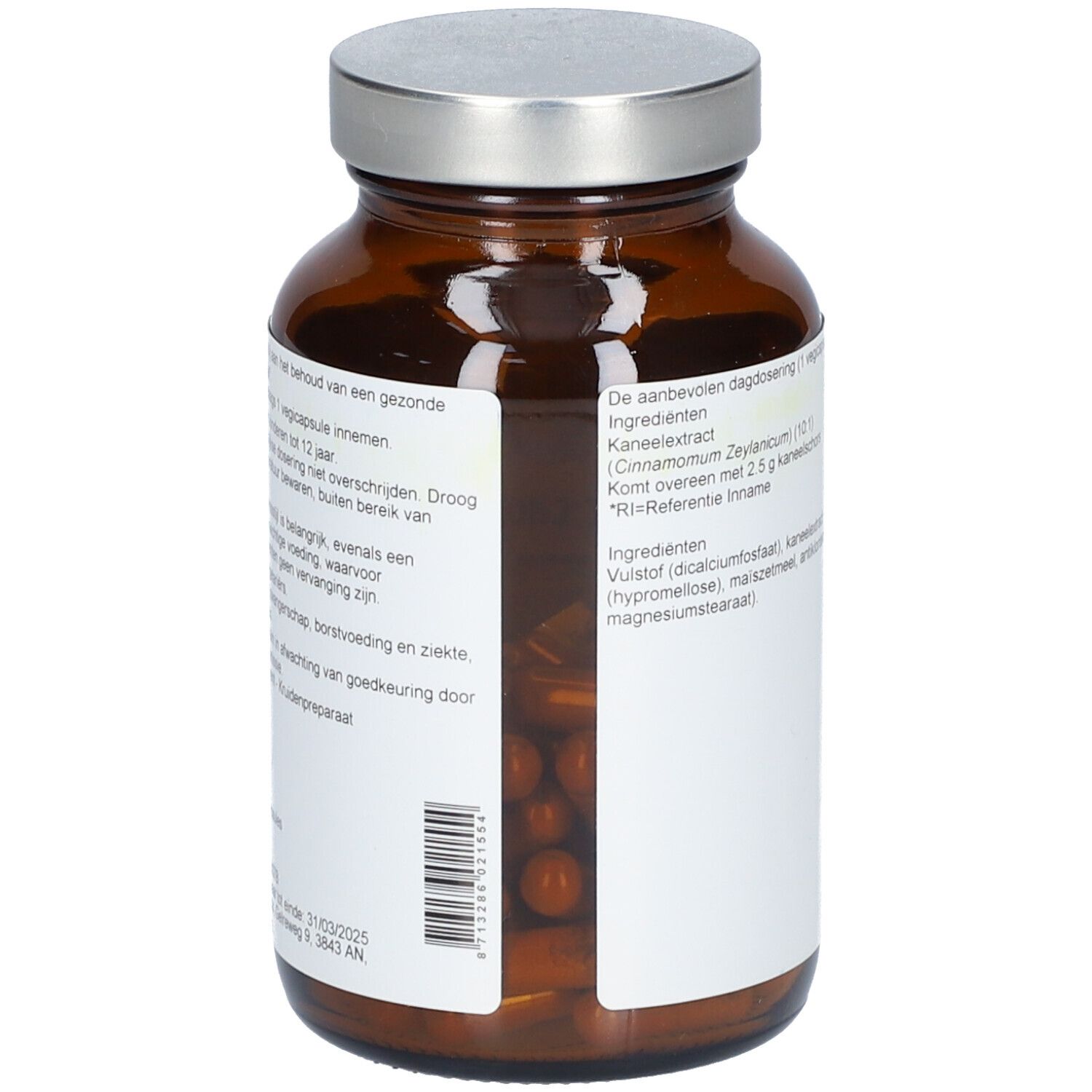 Bruine glazen fles met zilveren dop. Etiket met tekst en inhoudsinformatie. Capsules zichtbaar door het glas.