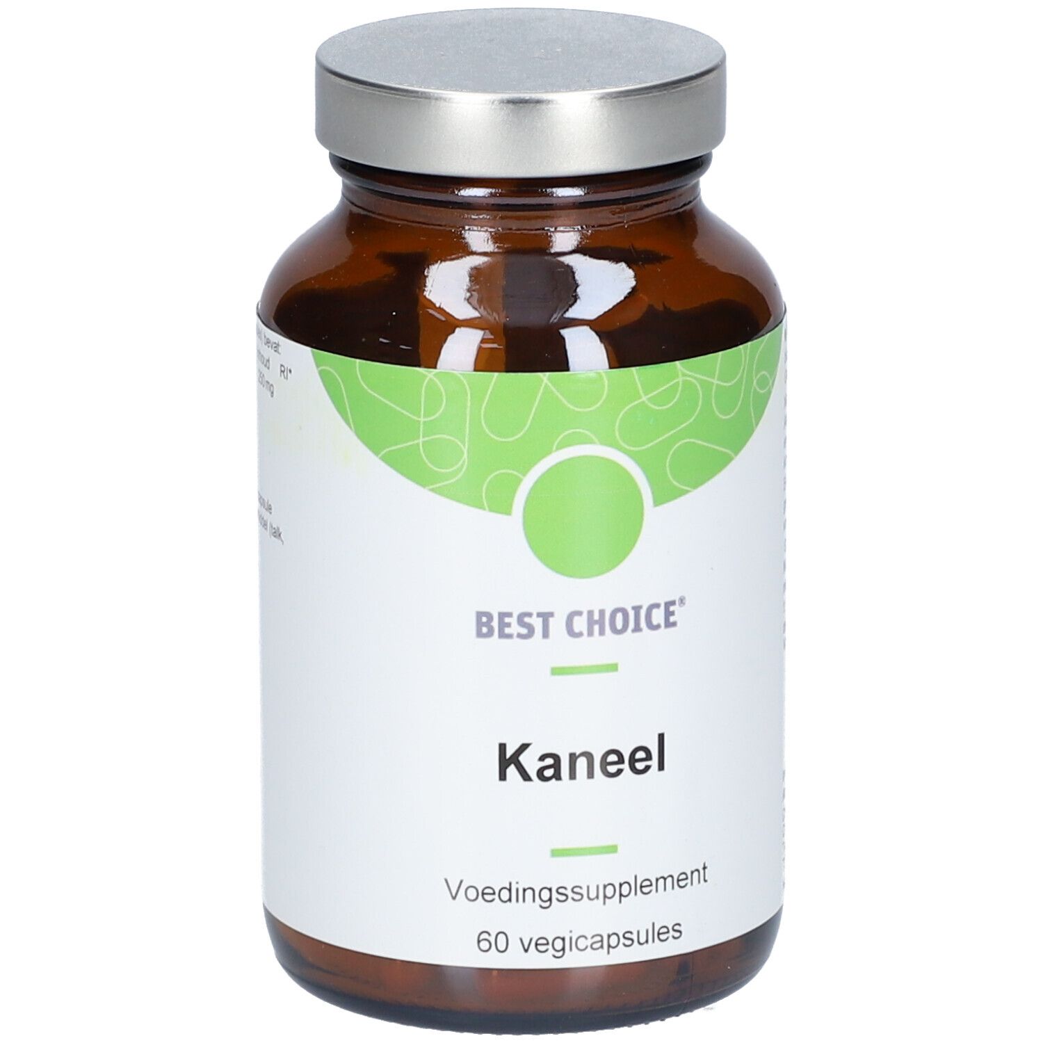 Bruine glazen fles met zilveren dop. Wit etiket met groen design en opschrift 'Best Choice Kaneel'.