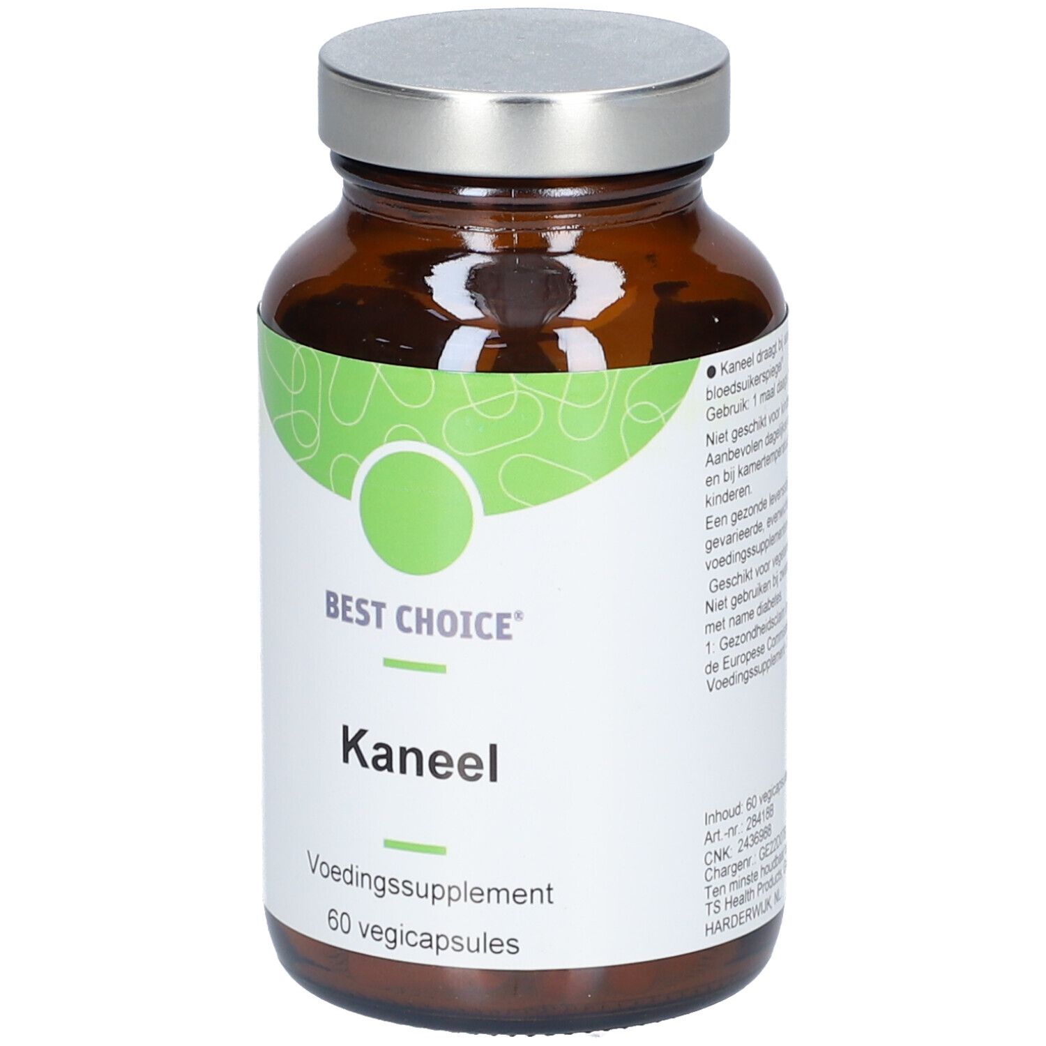 Bruine glazen fles met zilveren dop. Wit etiket met groen design en opschrift 'Best Choice Kaneel'.