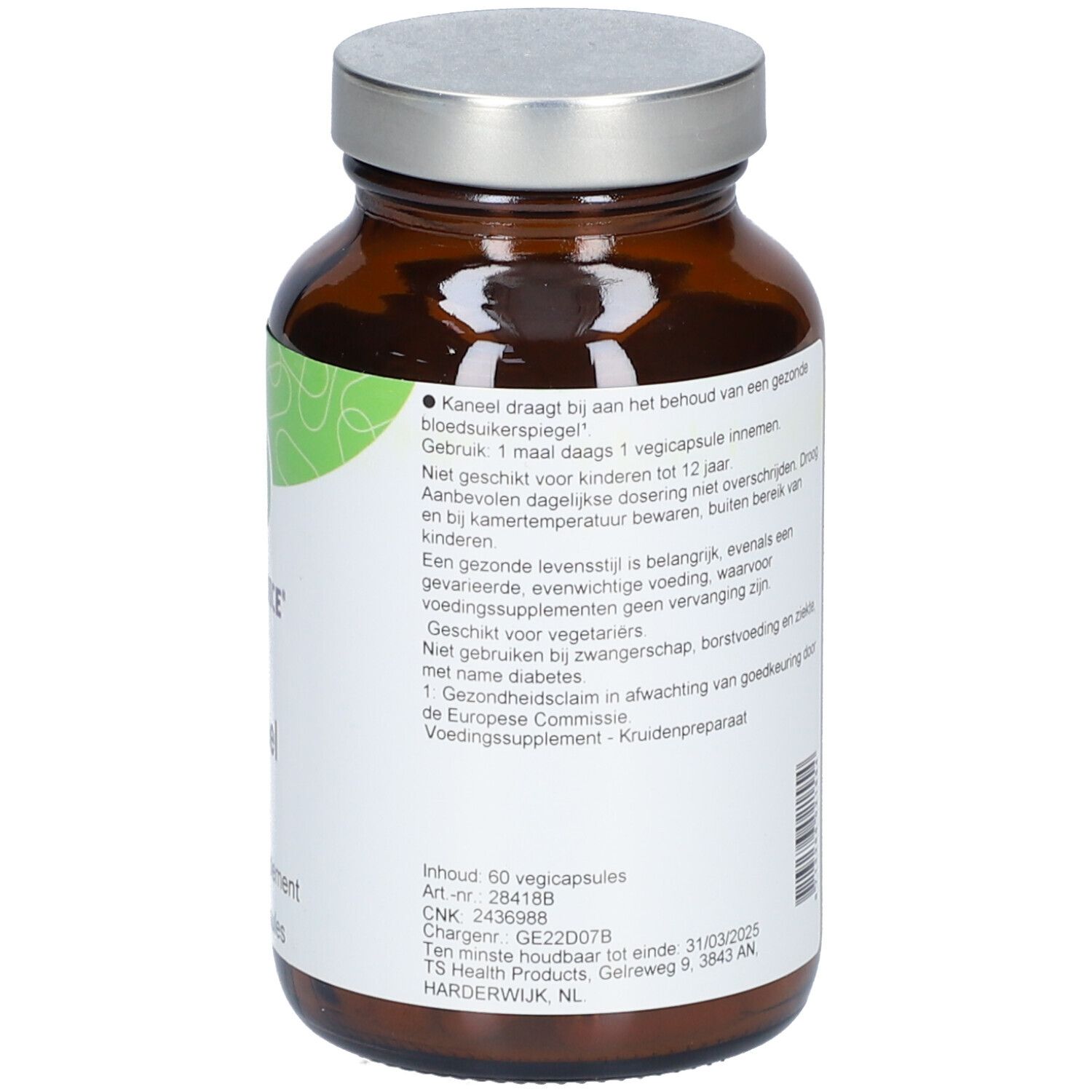 Bruine glazen fles met zilveren dop. Wit etiket met tekst. Bevat informatie over gebruik en ingrediënten.