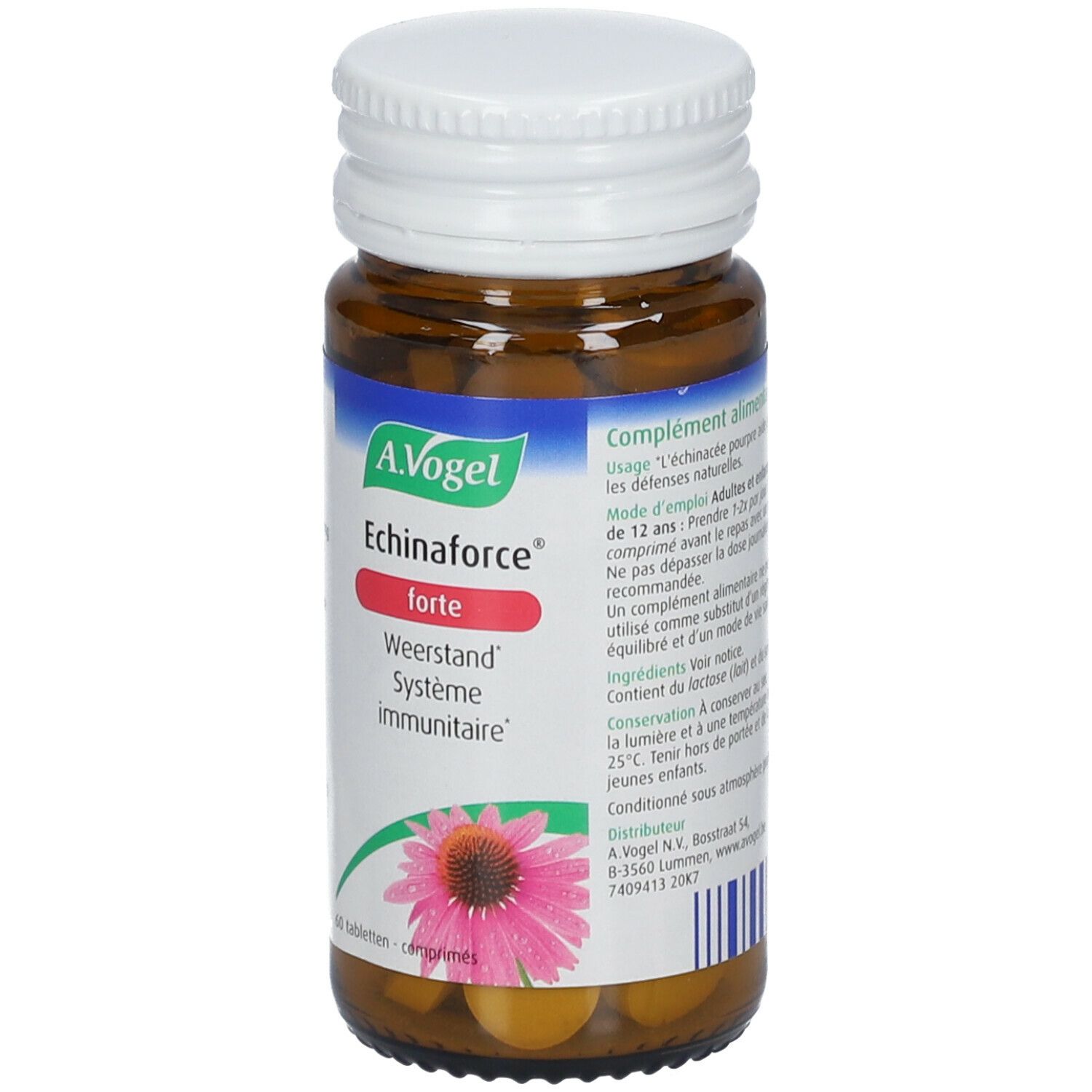 Flacon en verre brun avec bouchon blanc. Étiquette avec nom du produit A.Vogel Echinaforce forte et image d'une fleur.