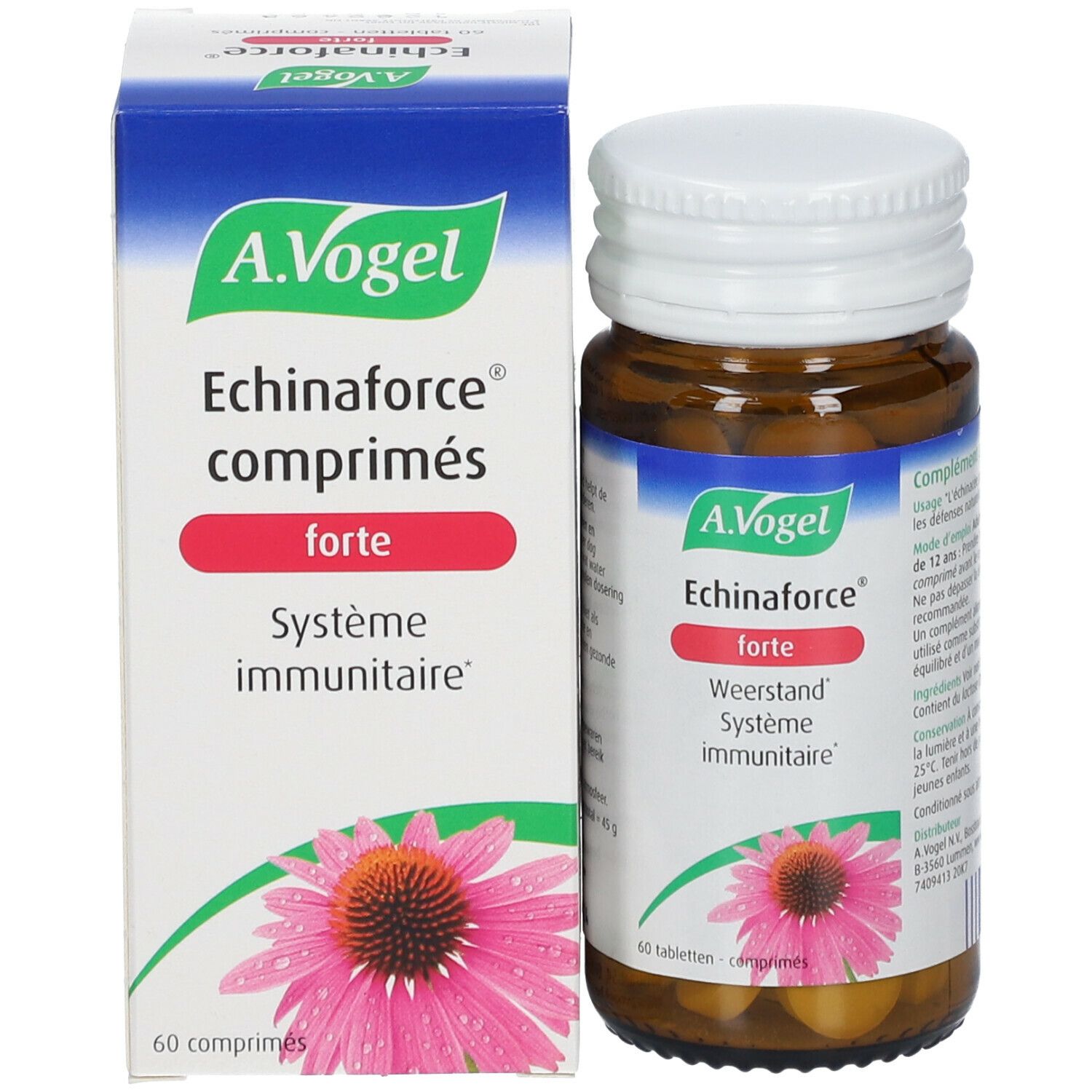 Emballage du produit avec flacon et boîte. Sur la boîte, on lit A.Vogel Echinaforce comprimés forte.
