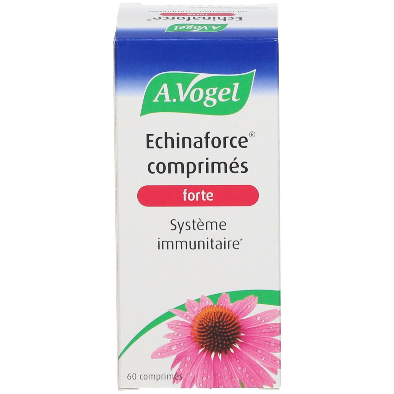 Boîte blanche avec nom du produit A.Vogel Echinaforce comprimés forte et image d'une fleur.