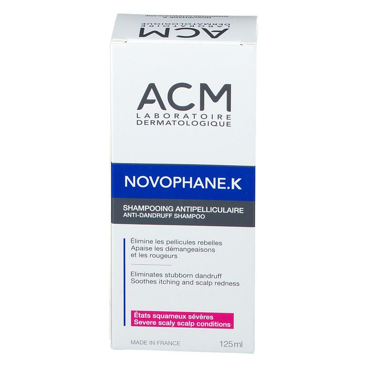 Weiße Schachtel mit blauem Streifen und Produktnamen. Text in Französisch und Englisch.