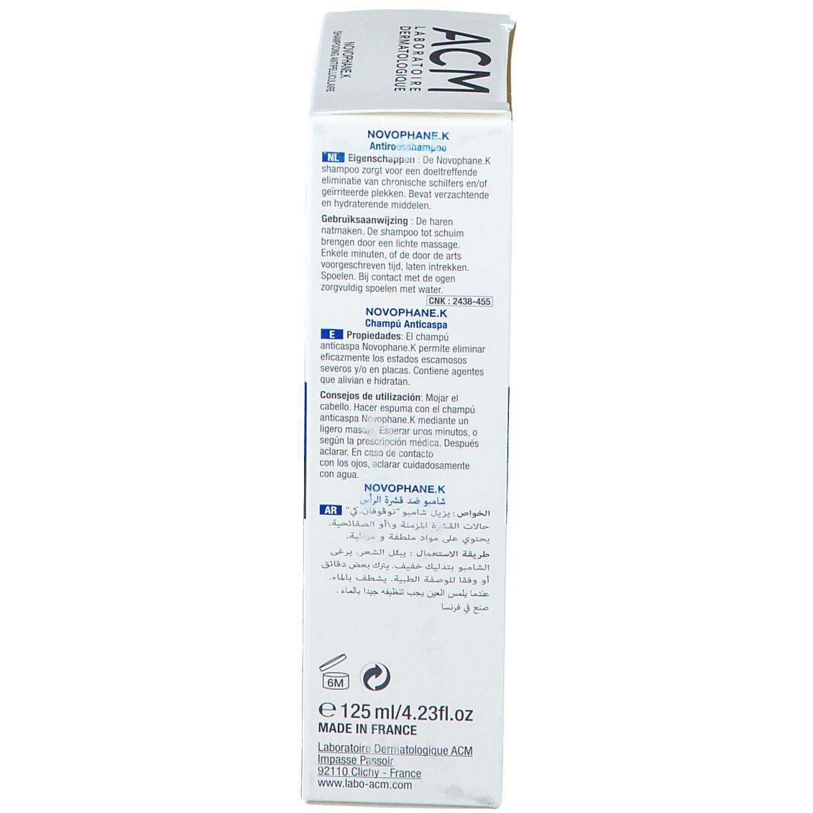 Schachtel mit Text in mehreren Sprachen. Enthält Produktinformationen und Anweisungen.