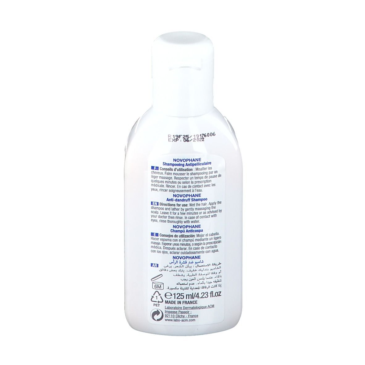 Retro del flacone bianco di shampoo Novophane.DS. Testo multilingue. Istruzioni e composizione.