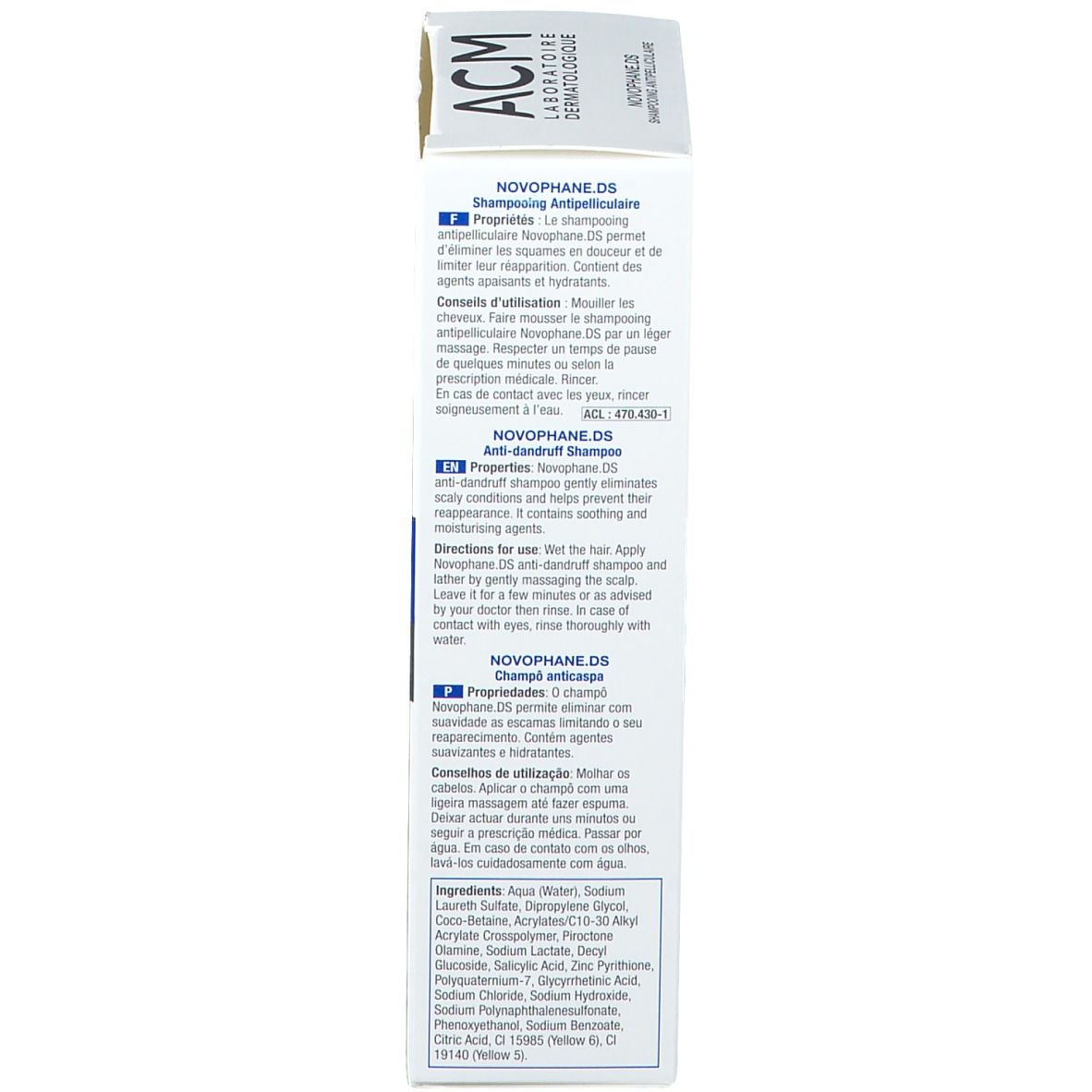 Scatola bianca di shampoo Novophane.DS ACM. Testo multilingue. Ingredienti e istruzioni.