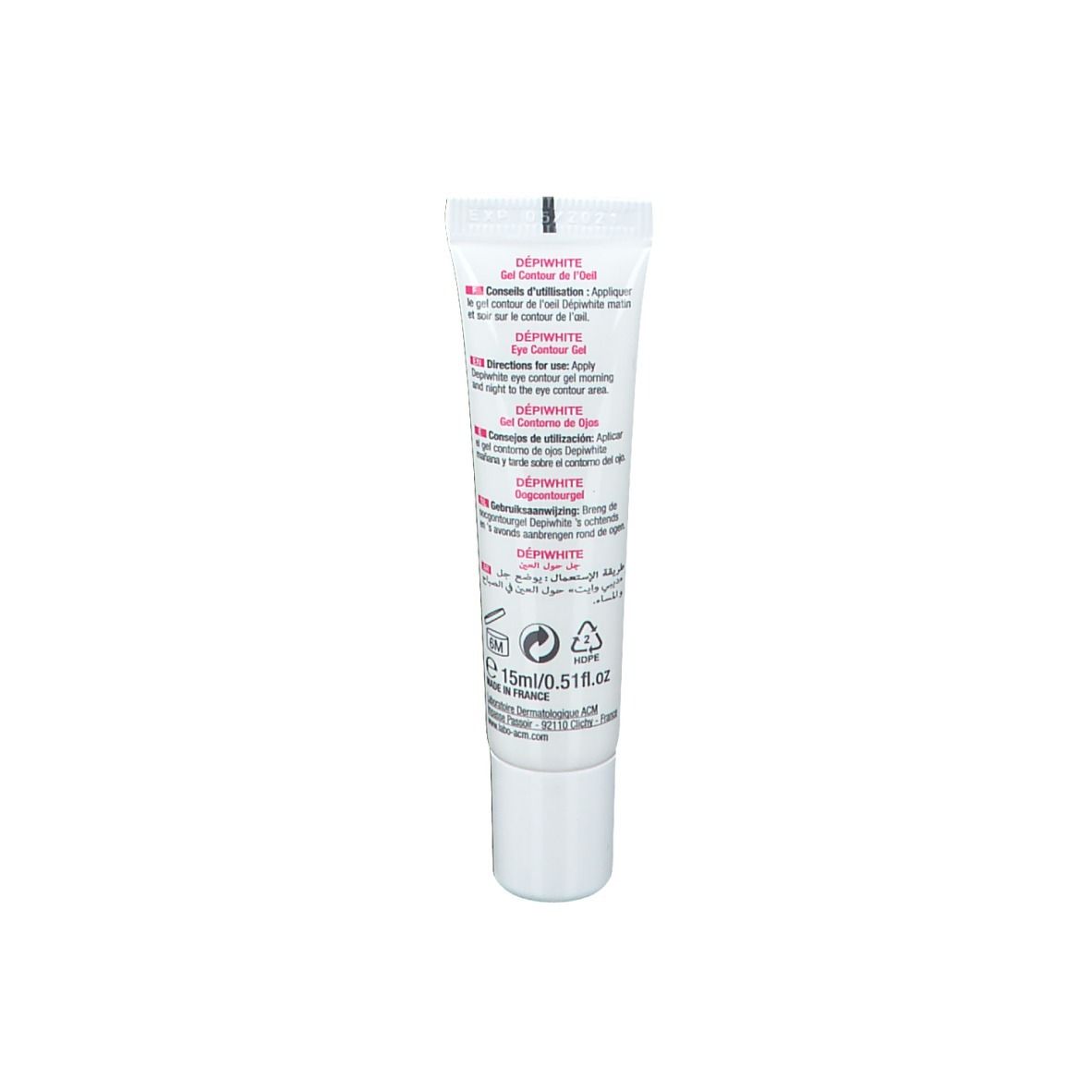 Rückseite der Tube. Text in mehreren Sprachen. Dépiwhite Gel Contour. Marke ACM. 15 ml. Hergestellt in Frankreich.