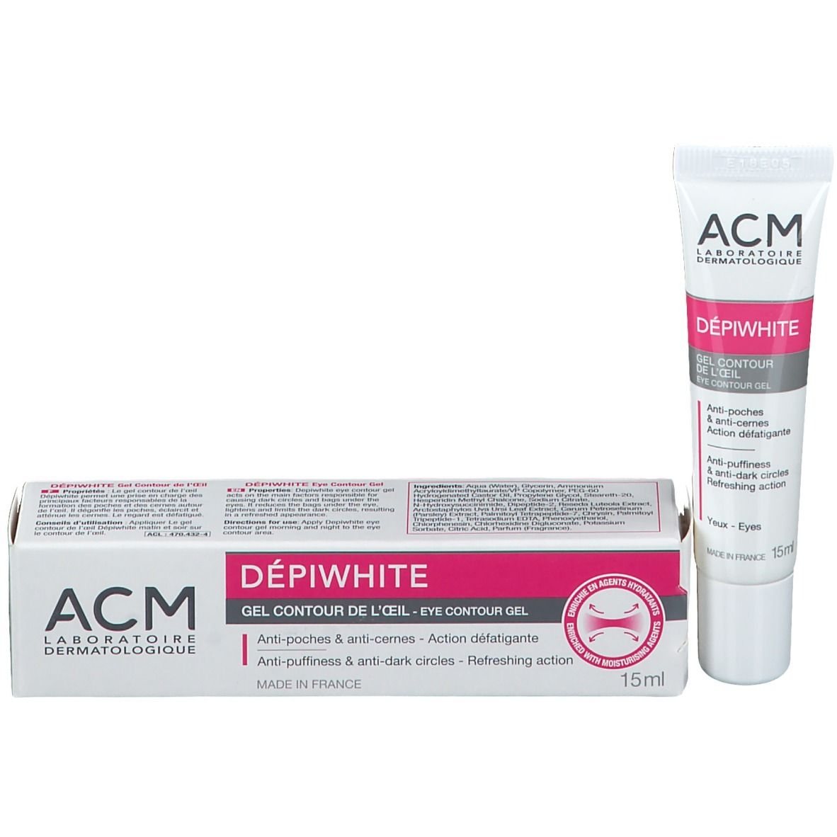 Schachtel und Tube Dépiwhite Gel Contour. Marke ACM. Text: Anti-Tränensäcke & Augenringe. 15 ml. Hergestellt in Frankreich.